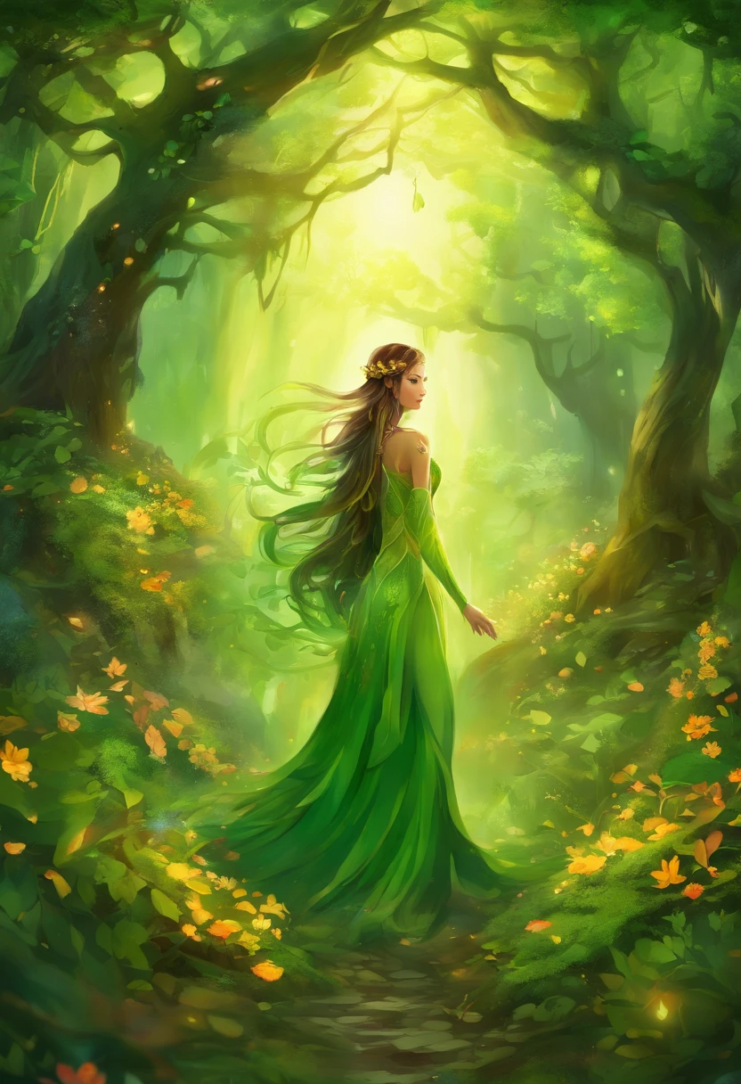 "(best quality: 1.2), masterpiece, ultra-detailed 8K UHD, ((official art)), cg, 1 ethereal forest goddess, immersed amidst ancient towering trees, (mystical aura:1.3), her flowing dress made of intertwined vines and delicate leaves, (meticulously detailed), skin glowing with a soft green luminescence, (elemental bond with nature:1.2), her long hair intertwined with flowers, buds, and branches, (intricate forest-themed jewelry:1.2), (eyes reflecting deep forest mysteries:1.3), a crown made of intertwined branches and shimmering dewdrops, (feet barely touching a moss-covered ground:1.1), surrounded by magical forest creatures, both seen and unseen, (aura of forest whispers:1.3). Fluttering fireflies illuminating her silhouette, (nurturing and gentle expression:1.1), hands outstretched, releasing a flurry of vibrant petals and leaves, ((heart of the forest)), ultra-detailed background showcasing the heart of an enchanted forest, with light beams piercing through dense foliage, (dance of the shadows and lights:1.3), (symbol of life and renewal:1.2), solo, (sound of nature resonating:1.1), (detailed flora patterns on her attire:1.3), (contrast of earthy tones and shimmering greens:1.3)".