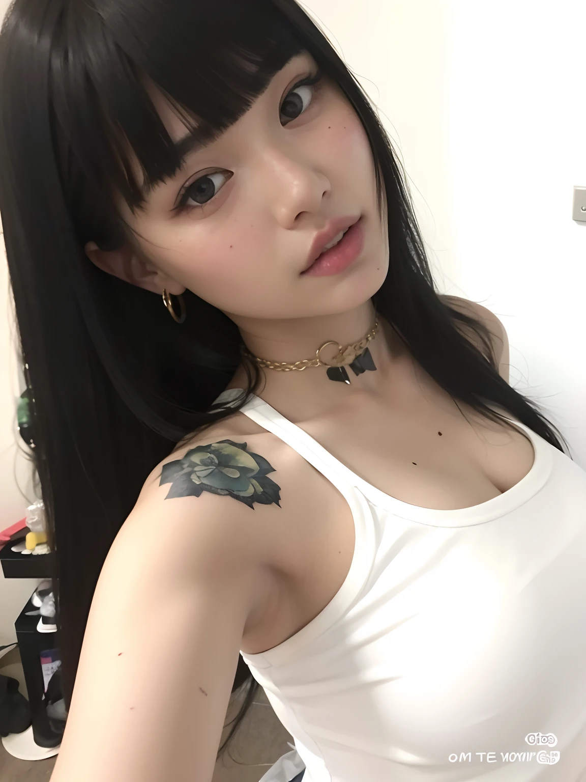 ((Best quality)), ((masterpiece)), ((highly intricate details)), 1girl, (detailed eyes),seductive expression, sportwear, tanktop, women shorts, (tattoos:1.4), strong eyeliner, heavy make-up, (long_hime_cut_hairstyle:1.3),multicolored hair, cameltoe,(tone abs:0.8
