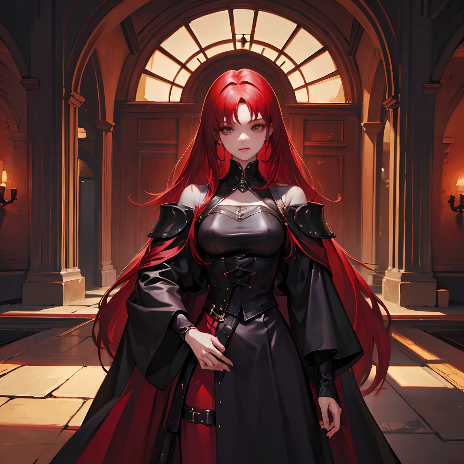 (Medieval, RPG) A red-haired woman who exudes sensuality and mystery, Her clothes are black in color and are glued to her clothes, Wear pants.