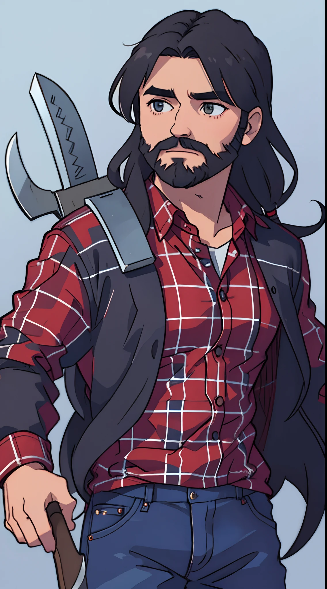 1 Man with a short black beard and medium-long flowing hair, wearing a red plaid shirt and blue jeans, holding an Axe
