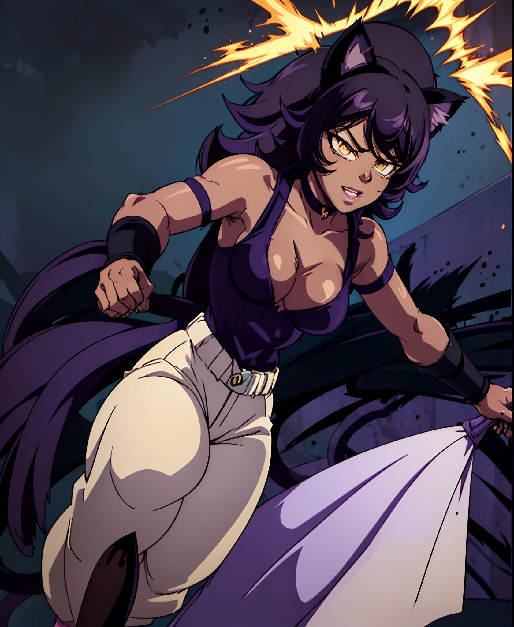 (masterpiece, best quality), unleashing her power while shooting ki blasts, electricity surrounding her, she appears focused, professional art, digital art, 4k, (complex background:1.35), hot springs, indoors, big ass, lipstick, (purple makeup:1.1), yellow eyeshadow, detailed hair, detailed face, (japanese clothes:0.6), (hip vent:1.3), (bridal gauntlets:1.1), (slightly transparent clothes:1.2), (young female, 19 years old:1.1), medium Breasts, cleavage, (fit body: 1.1) Solo, muscular ebony skinned blake belladonna with large breasts, ((very dark-skinned belladonna:1.75)), black halterneck, long and straight hair, cat ears, ((cat ears:1.5)) female, bangs, (yellow eyes:1.3), saiyan, ((belladonna having monkey tail)), open clothes, exposed midriff, midriff, wearing a pair of ripped white shorts, soft lineart, thick lineart
