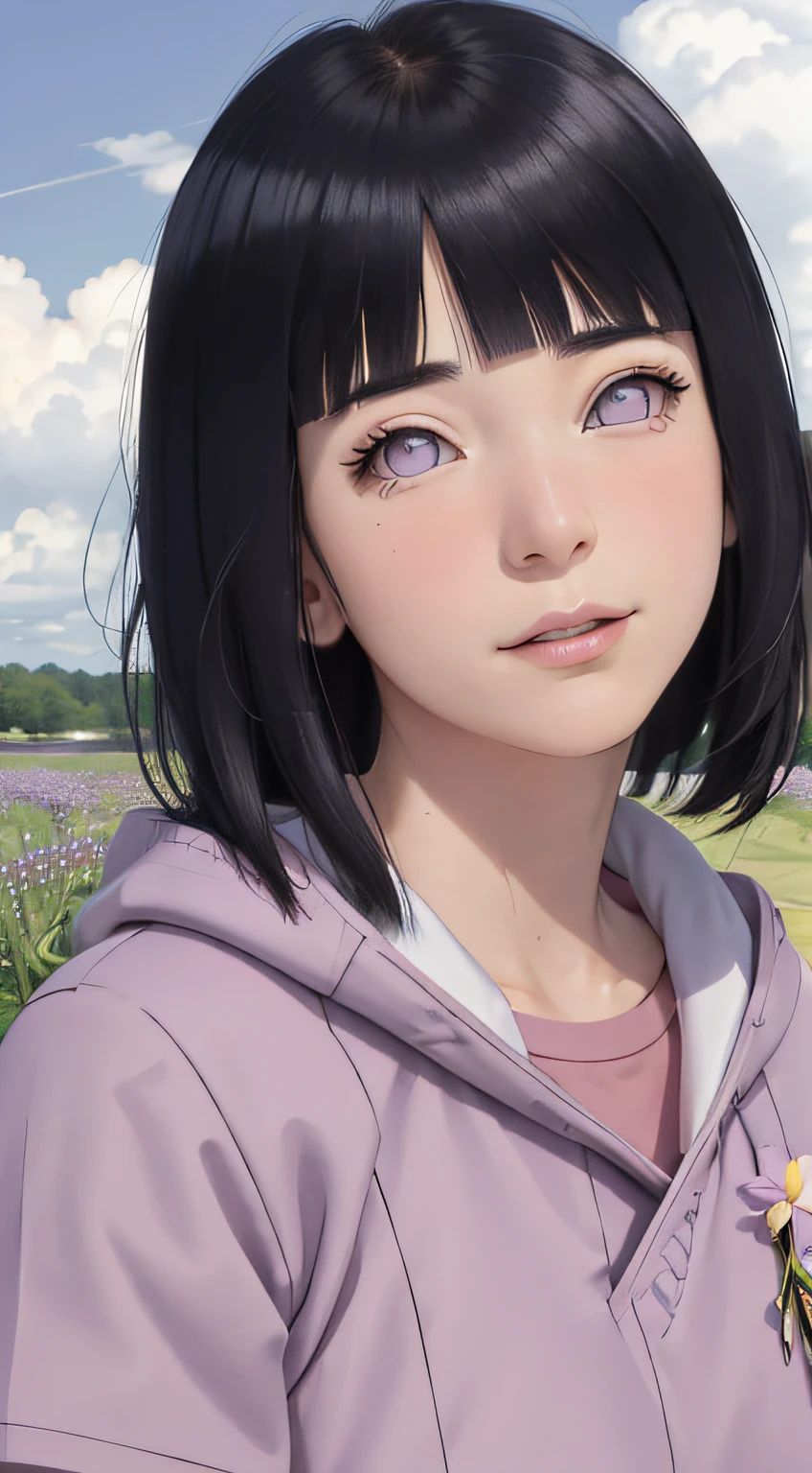 masterpiece, absurdres, hinata\(boruto\), 1girl, solo,mature female, purple hoodie,layered sleeves, brown pants, outdoors,lavender flower field, looking at viewer, (falling petals), cloudy sky, perfect composition, detailed lips, big breast, beautiful face, body propotion, blush, (pink lips), long hair, purple eyes, soft gaze, sad smile, super realistic, detailed, photoshoot, realistic face and body, realistic hair, realistic eyes, realistic nose, realistic lips
