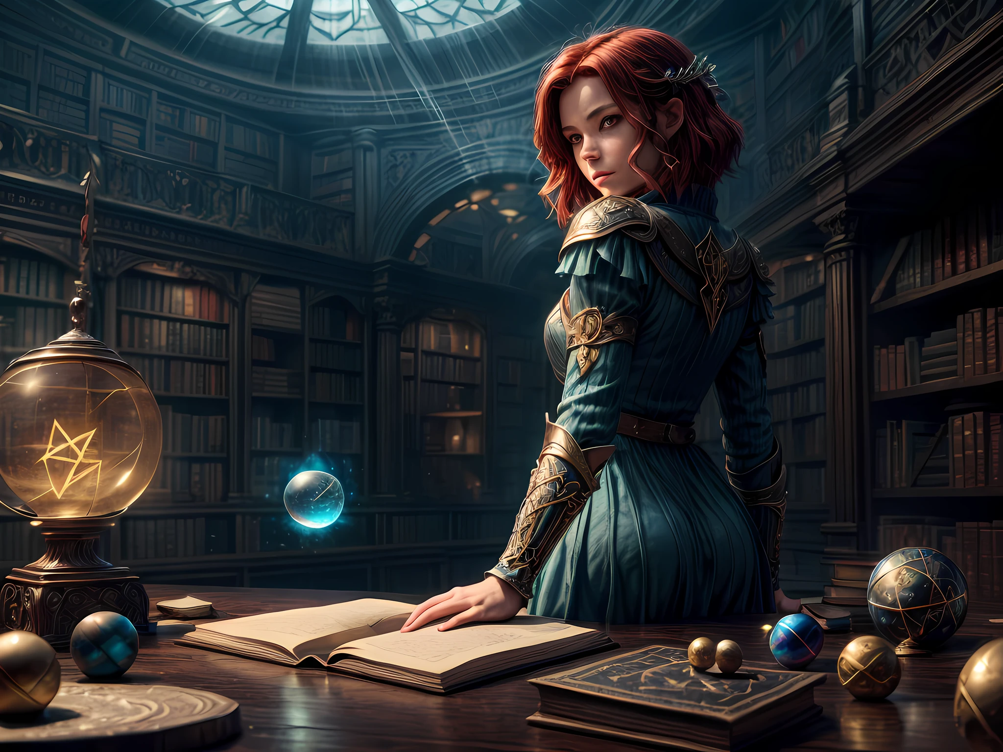 arafed, high details, best quality, 16k, [best detailed], masterpiece, best quality, (extremely detailed), a view from the rear (best details, Masterpiece, best quality), photorealistic, fantasy art, RPG art, a picture of a human sorceress sittings in her magical lab, divining distant places in her crystal ball, epic beautiful human woman (best details, Masterpiece, best quality), ultra detailed face (best details, Masterpiece, best quality), red hair, short hair, red eyes, dynamic dress (best details, Masterpiece, best quality), magical library, with many books, and magical runes and wards, glowing arcane sigils GlowingRunes_paleblue, crystal ball (best details, Masterpiece, best quality) on table, runes on crystal balls GlowingRunes_yellow, fantasy magical library background (best details, Masterpiece, best quality), Ultra-Wide Angle, high detail, award winning, best quality, HD, 16K, 3D rendering, high details, best quality, highres, ultra wide angle, 3D rendering, [[anatomically correct]]