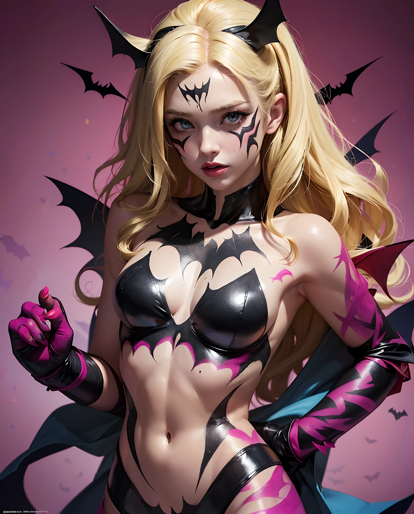 a stunning 19 year old American ((blonde)) girl at a Halloween party, sexy batwoman, (((body paint all over body costume))), attractive, beautiful, 4k wallpaper, High quality, detailed costume