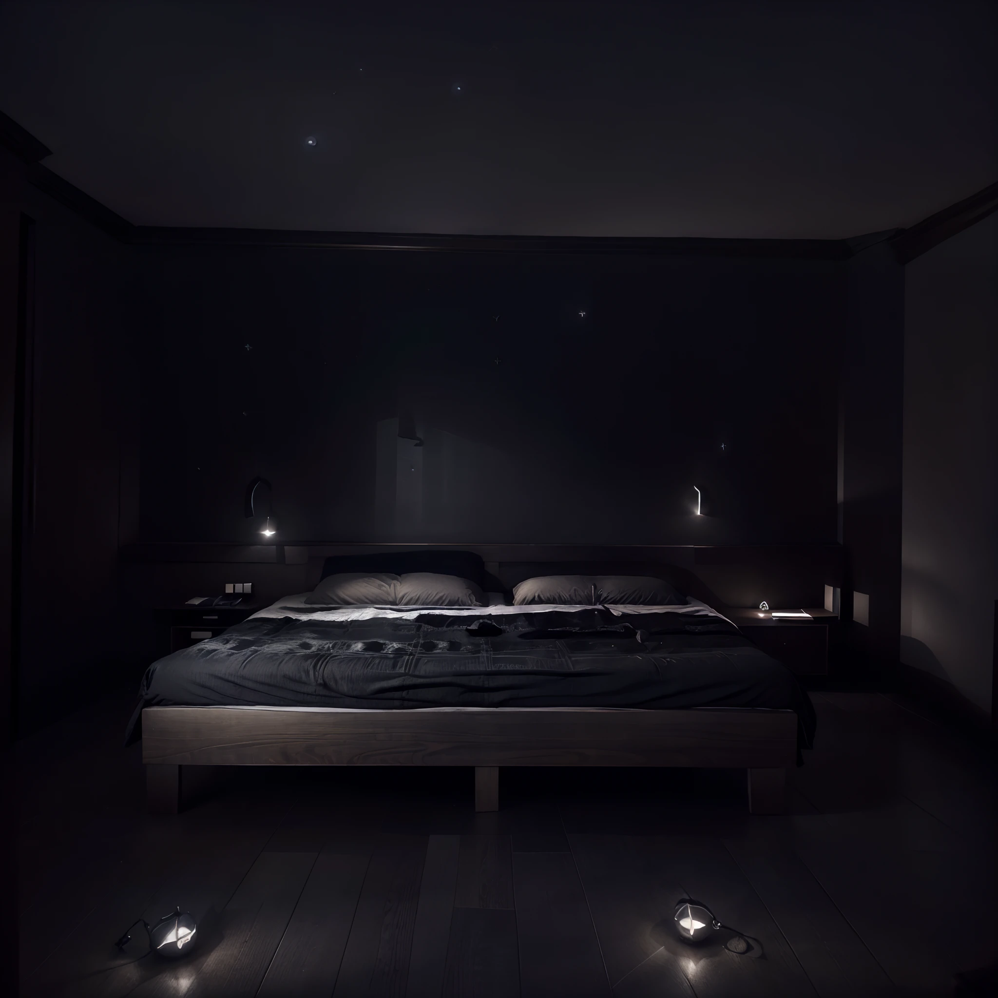 (highres,realistic),(bedroom),(floating bed,peaceful atmosphere,dark night sky,starry)(soft moonlight,calmness),(nighttime view,relaxing),(dreamy,tranquil),(interior design)