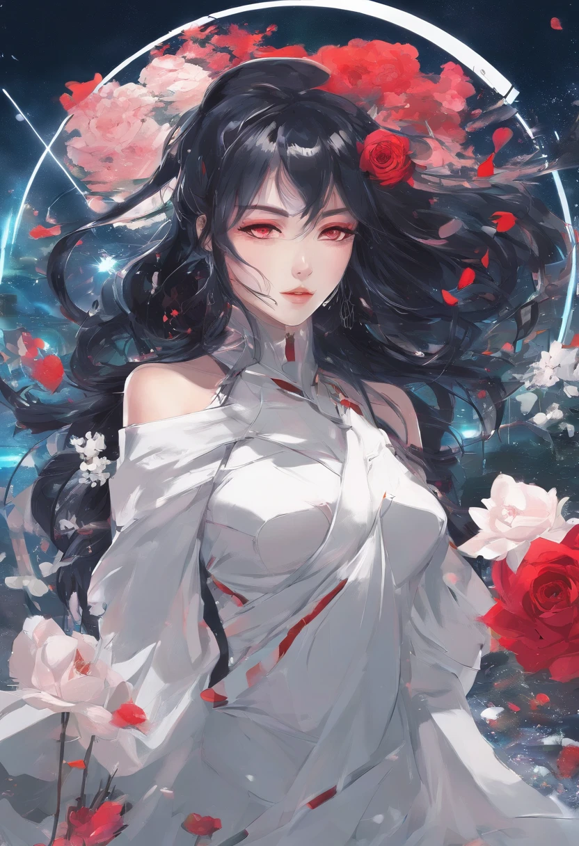 anime girl with long black hair and a white dress with red roses, tattoo, detailed beautiful eyes, guweiz, guweiz on pixiv artstation, detailed digital anime art, beautiful anime girl, guweiz on artstation pixiv, anime style 4 k, kawacy, beautiful anime portrait, detailed portrait of anime girl, detailed anime art, beautiful anime woman