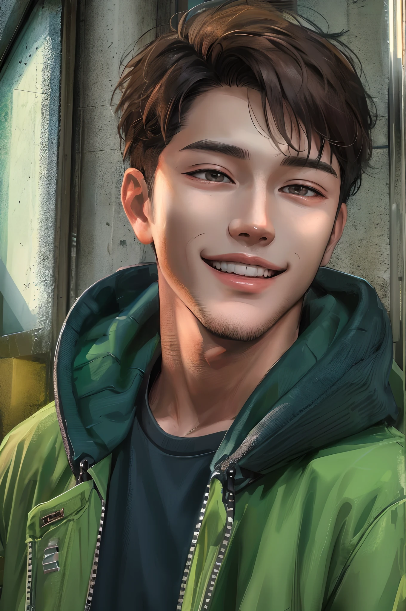 Absurdres masterpiece HDR high quality Picture a young, handsome Korean boy with warm and friendly features wearing a simple and comfortable casual outfit. He sports a clean, fresh haircut that accentuates his natural good looks, and a bright and genuine smile that lights up his face.