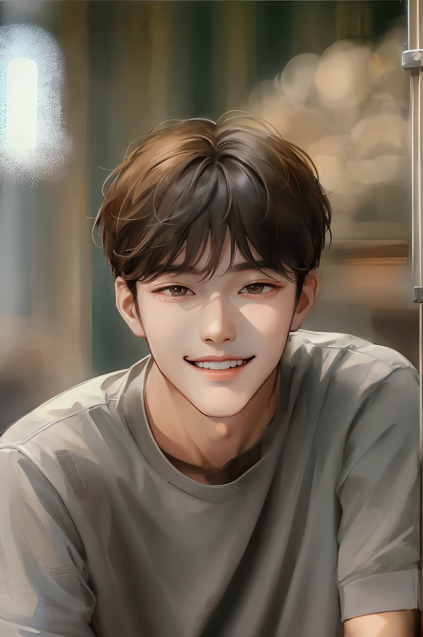 Absurdres masterpiece HDR high quality Picture a young, handsome Korean boy with warm and friendly features wearing a simple and comfortable casual outfit. He sports a clean, fresh haircut that accentuates his natural good looks, and a bright and genuine smile that lights up his face.