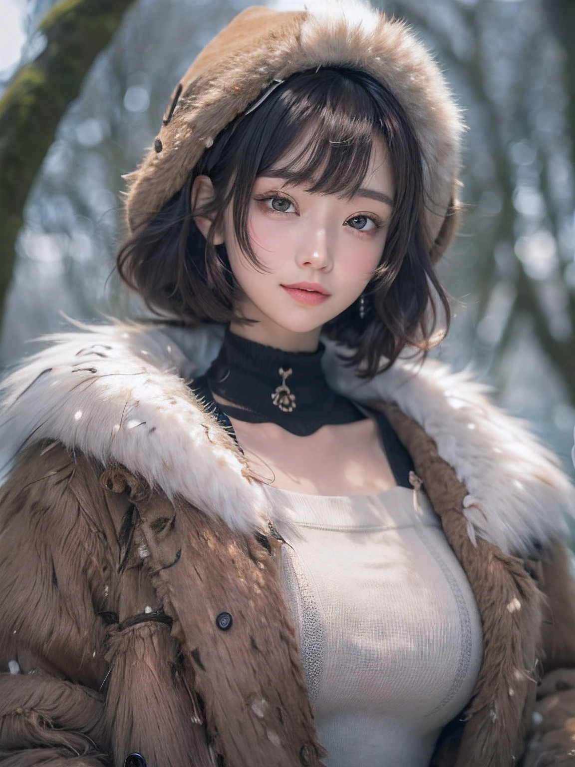 masutepiece、top-quality、20 years girl、Beautiful detailed girl、Smile、Black short hair、Highly detailed eyes and face、Beautiful detailed eyes、radiant eyes、with round face、Well-formed and cute face、small head、hight resolution、A highly detailed、sexy  pose、Illustration、super detailing、masutepiece、fur-coat、Sweaters、Black miniskirt、Light Black Tights、large full breasts、Colossal tits、Photograph the whole body、snowscape、in woods、Blur the background
