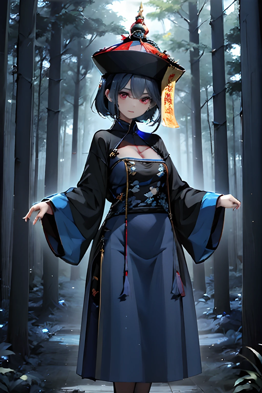 girl, Jiangshi,  blqack Chinese dress, fulu on her head, blue hair, blue skin, in a forest, fulu on her head, Chinese paper souls in the air, expressionless, 4k, arms down