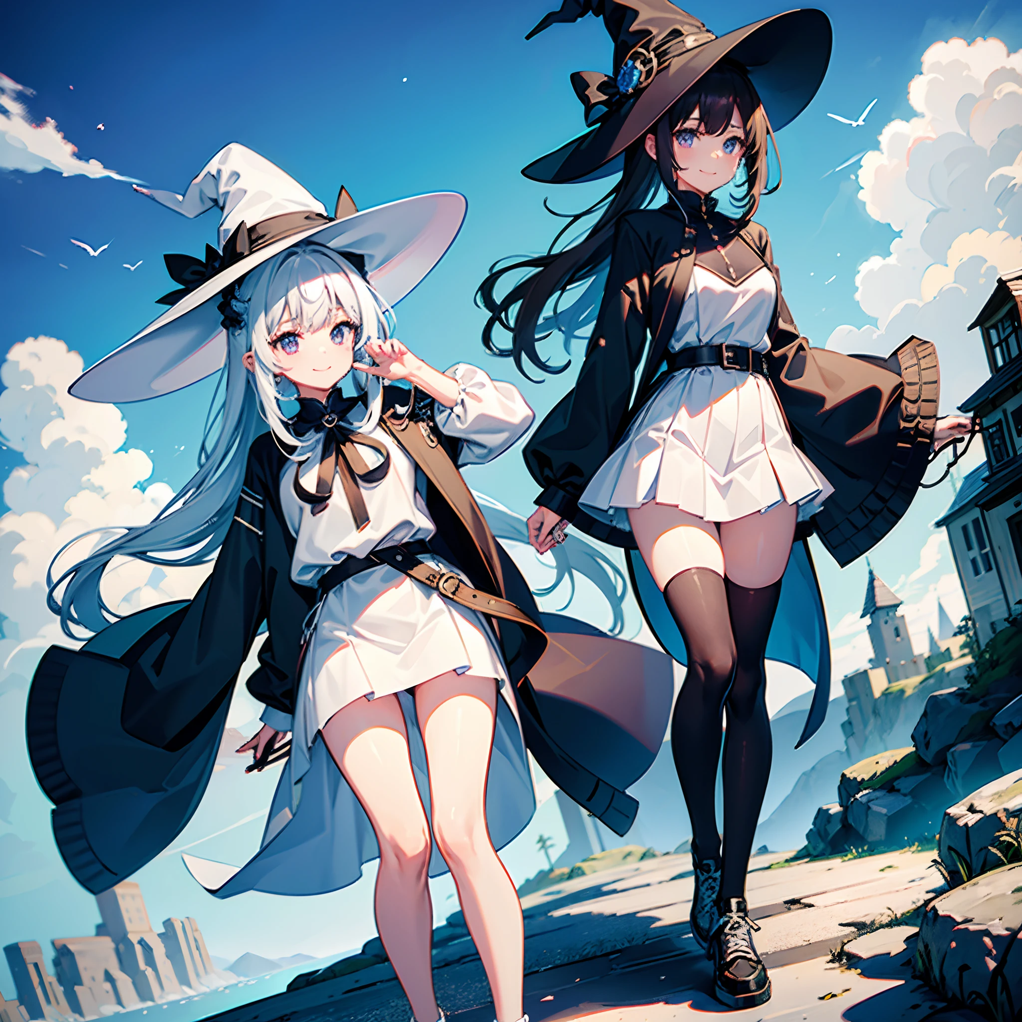 A mystical otherworldly half-timber town、Standing Girl、Black coat、white t-shirt、White and sheer skirt、beautiful thigh、Beautiful feet、Light blue-purple short hair、Looking at me with a smile、Black sneakers with white shoelaces、Large witch hat with sapphire accessories、Dark brown eyes with highlights、On a hilltop with a panoramic view of the town、Historic big castle、hiquality、high-level image quality、Underwear is sheer、Panties are showing through、