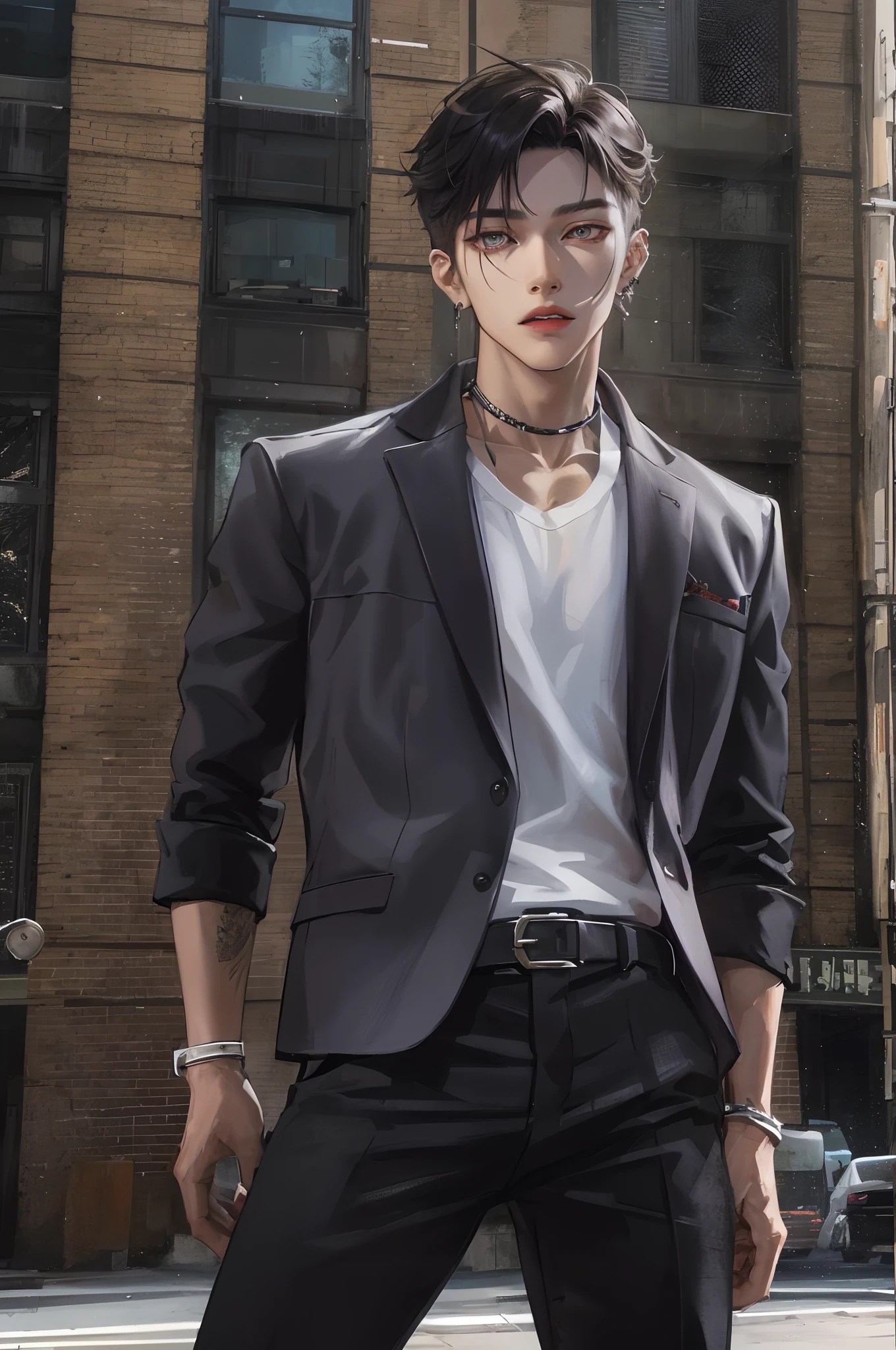 Describe the striking features of the Korean boy in sharp HD graphics, with his piercing amber eyes and chiseled jawline, wearing a stylish, modern outfit that accentuates his lean physique. His short, dark hair is styled in a contemporary way, giving him an air of confidence and charm as he stands against a vibrant cityscape backdrop.