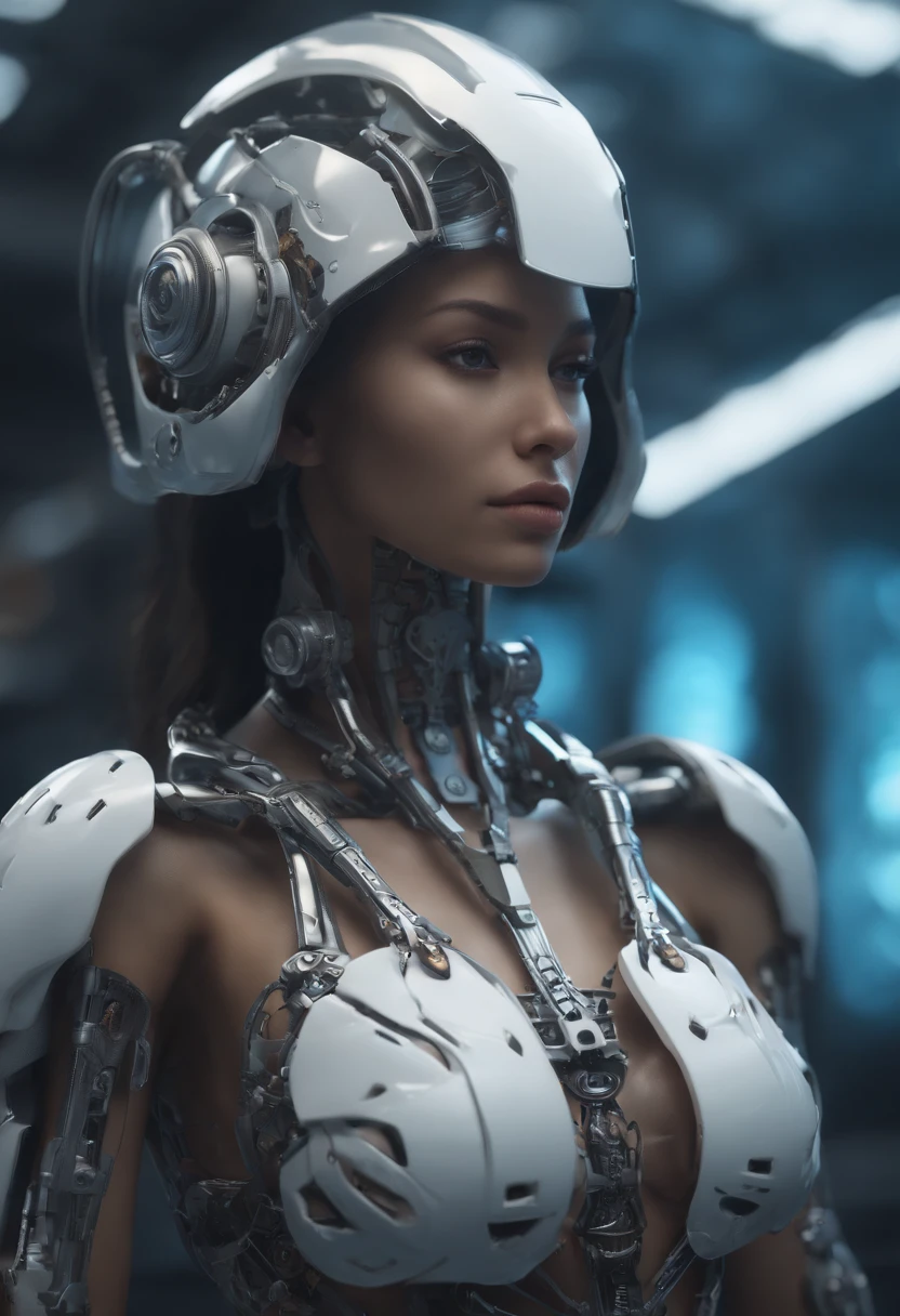 Anime - A stylized image of a woman with a skeleton body and helmet, unreal engine rendered + A goddess, Biomechanical OPPAI, Highly detailed cybernetic subjects, white biomechanical details, gynoid cyborg body, 3 D rendering character art 8 K, Detailed body, intricate detailed Mechanical body, cybernetic and highly detailed