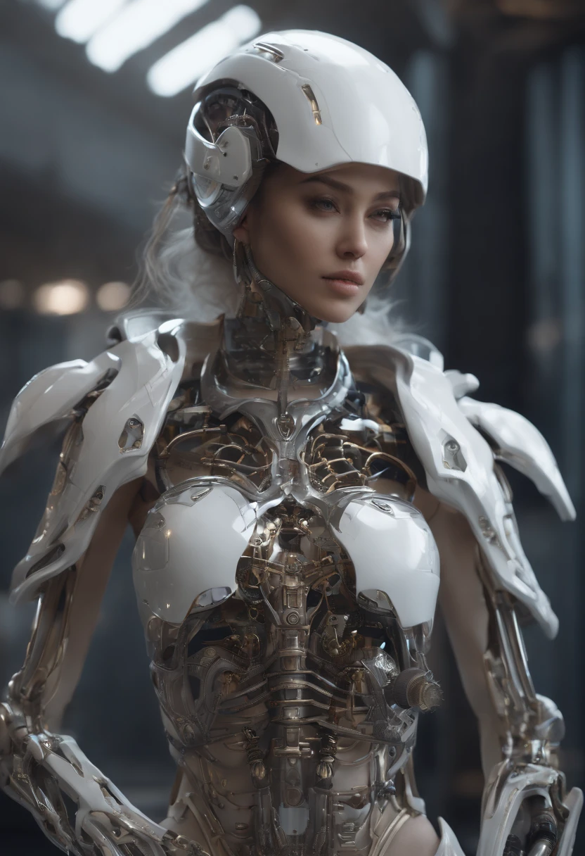 Anime - A stylized image of a woman with a skeleton body and helmet, unreal engine rendered + A goddess, Biomechanical OPPAI, Highly detailed cybernetic subjects, white biomechanical details, gynoid cyborg body, 3 D rendering character art 8 K, Detailed body, intricate detailed Mechanical body, cybernetic and highly detailed