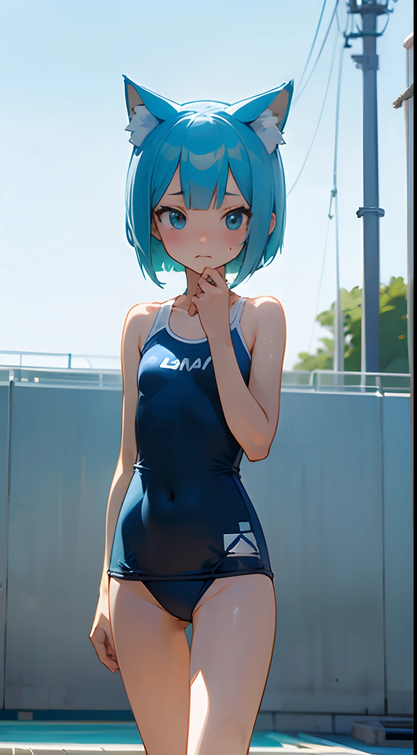 Competitive swimsuit,girl with,lightblue hair,Nekomimi,Short Bob