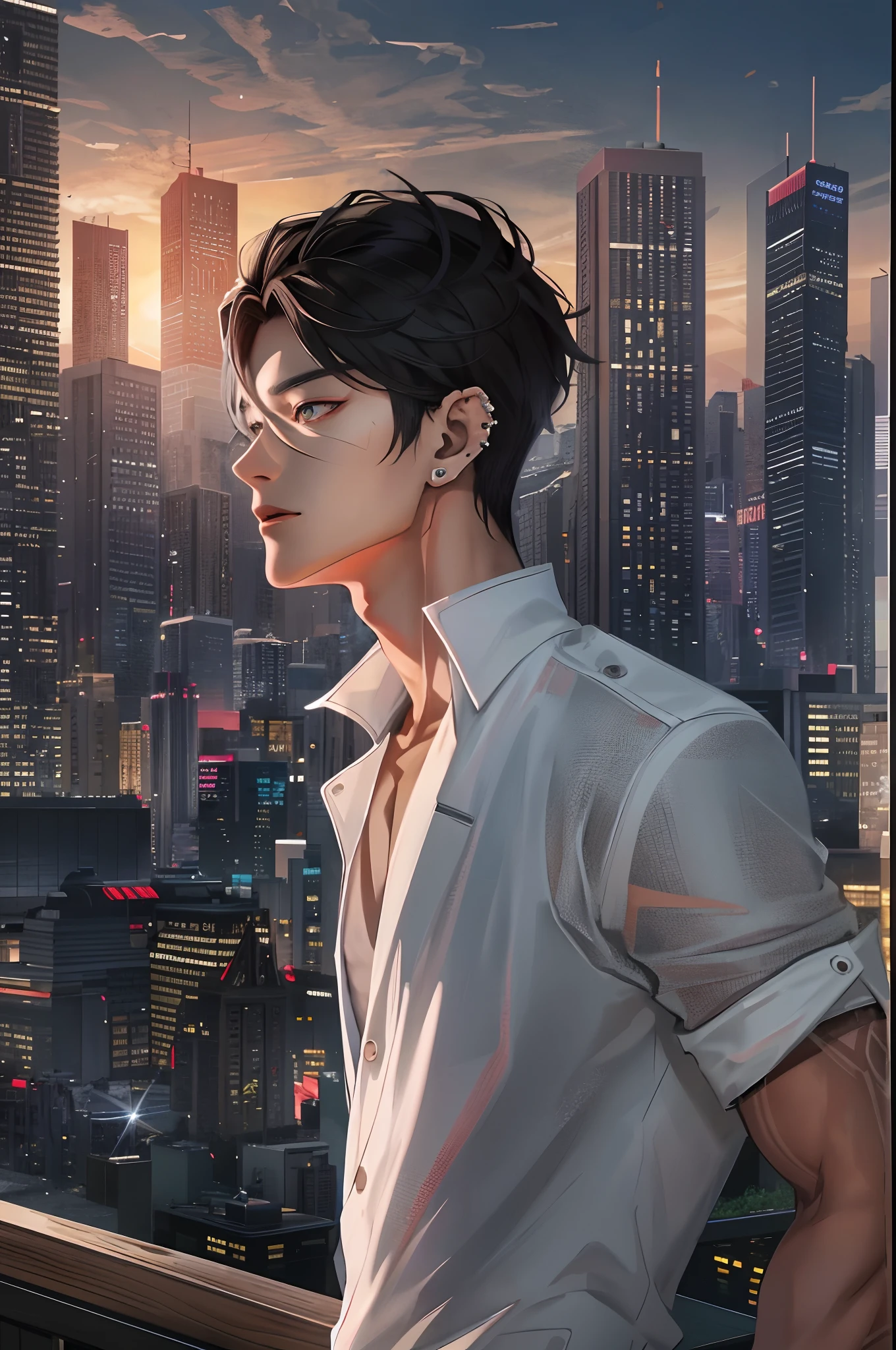 Describe the striking features of the Korean boy in sharp HD graphics, with his piercing amber eyes and chiseled jawline, wearing a stylish, modern outfit that accentuates his lean physique. His short, dark hair is styled in a contemporary way, giving him an air of confidence and charm as he stands against a vibrant cityscape backdrop.