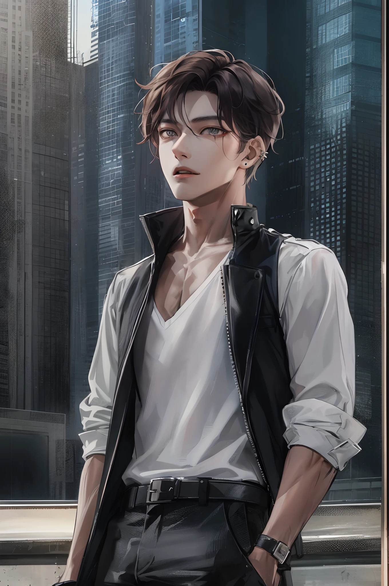 Describe the striking features of the Korean boy in sharp HD graphics, with his piercing amber eyes and chiseled jawline, wearing a stylish, modern outfit that accentuates his lean physique. His short, dark hair is styled in a contemporary way, giving him an air of confidence and charm as he stands against a vibrant cityscape backdrop.