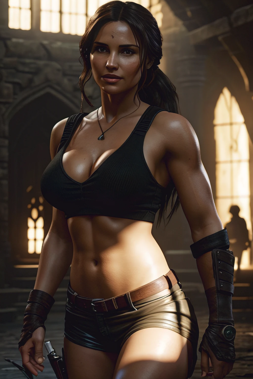 Lara Croft with Yennefer together, photorealistic, sunlight on body, sexy pose, beautiful body, beautiful face, shopping, smiling