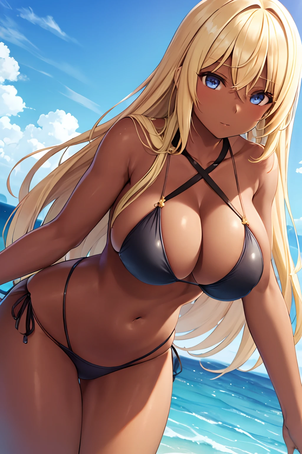 swimsuit, rare, big breasts, beautiful girl, blonde, dark skin