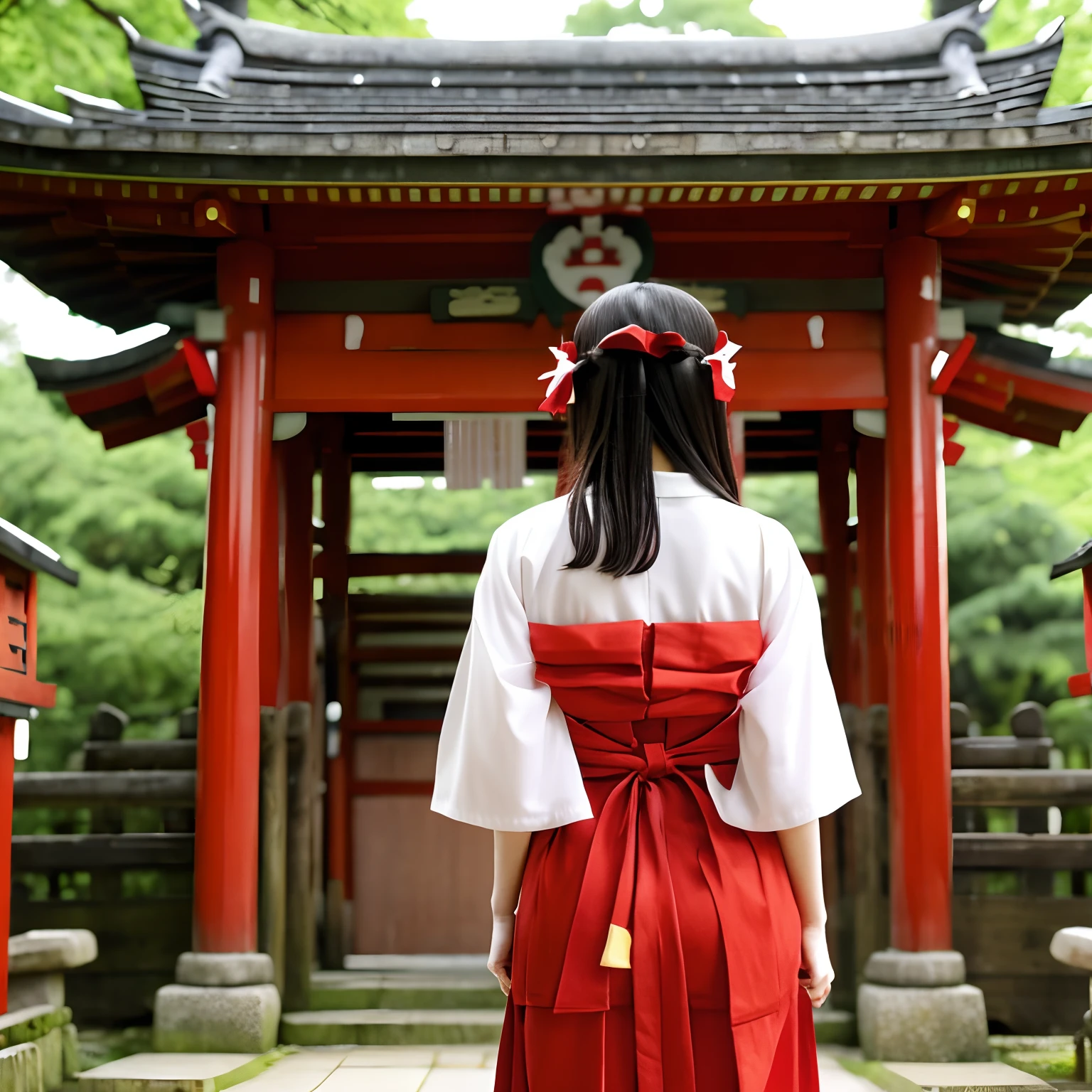 Reimu_hakurei, Standing Back, shrine maiden, shrine background,