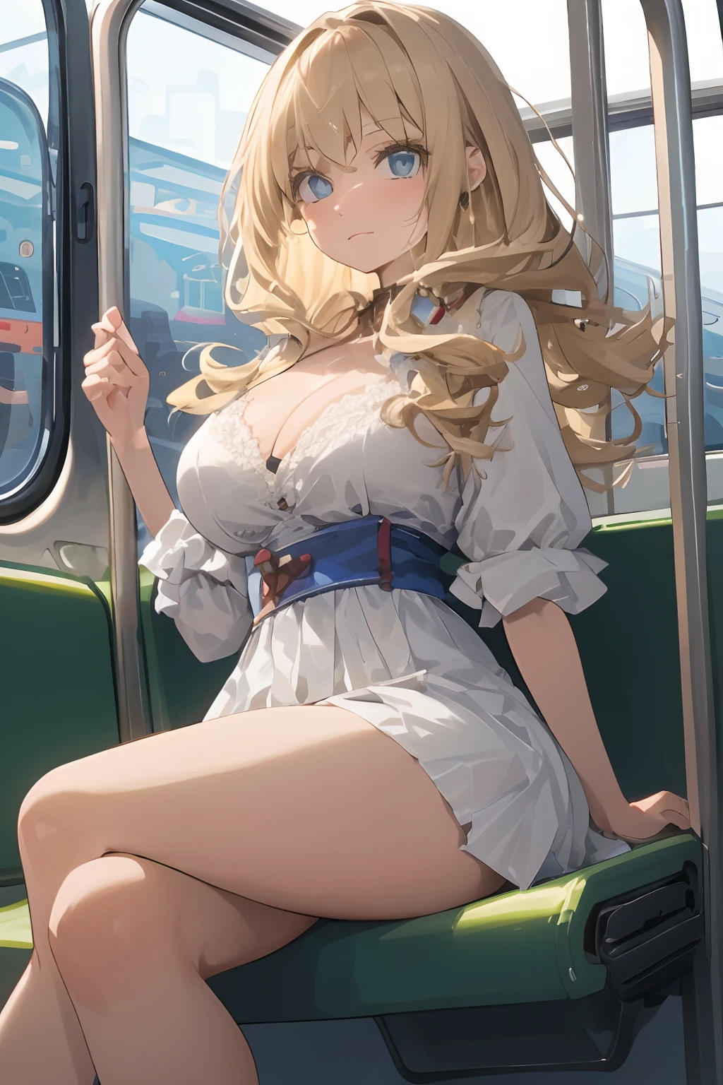 Boys,The train was packed with young students from Darotos leaning on her,white mini skirt swinging upwards, 40k, Photography, Masterpiece, Best quality, Dark gray background, (1girl blue eyes and blonde hair soon curly), big ass full breasts until waiting wearing, (Mini white dress swings sexy circle: 1.3), (white plunging open shirt: 1.3),sexyposture,Lace,pantiess,genitals visible,leg wide open,cleavage,