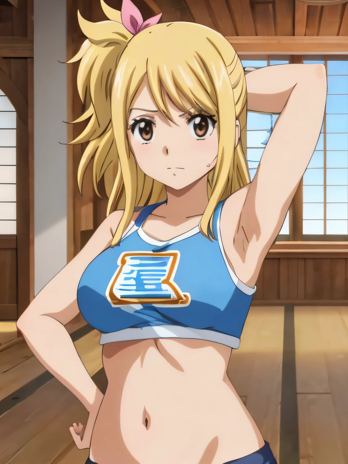 1girl, lucy heartfilia, solo, blonde hair, brown eyes, long hair, indoors, looking at viewer, anime coloring, parody, side ponytail, upper body, hair ribbon, barriga, belly, breasts, armpits