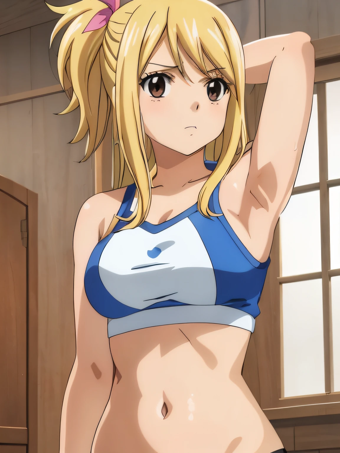 (short girl), masterpiece, highres, solo, 8k, detailed, perfect face, best quality, (ultra high quality), (looking at viewers), (armpit), collarbone, bare arms, medium breast, cleavage, blonde hair, long hair, side ponytail, blue eyes, belly, stomach, navel, abs, sarashi chest, bandaged breast, (blue hakama), slim body, upper body, emotionless, flat face, at forest, hand up
