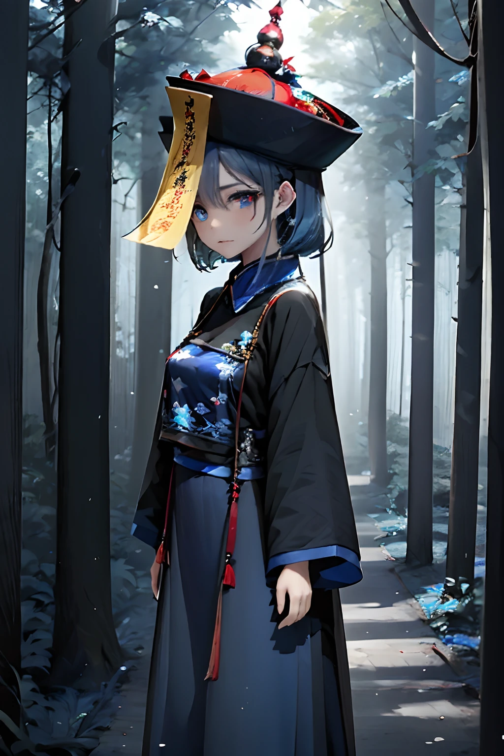 girl, Jiangshi,  blqack Chinese dress, fulu on her head, blue hair, blue skin, in a forest, fulu on her head, Chinese paper souls in the air, expressionless, 4k, arms down