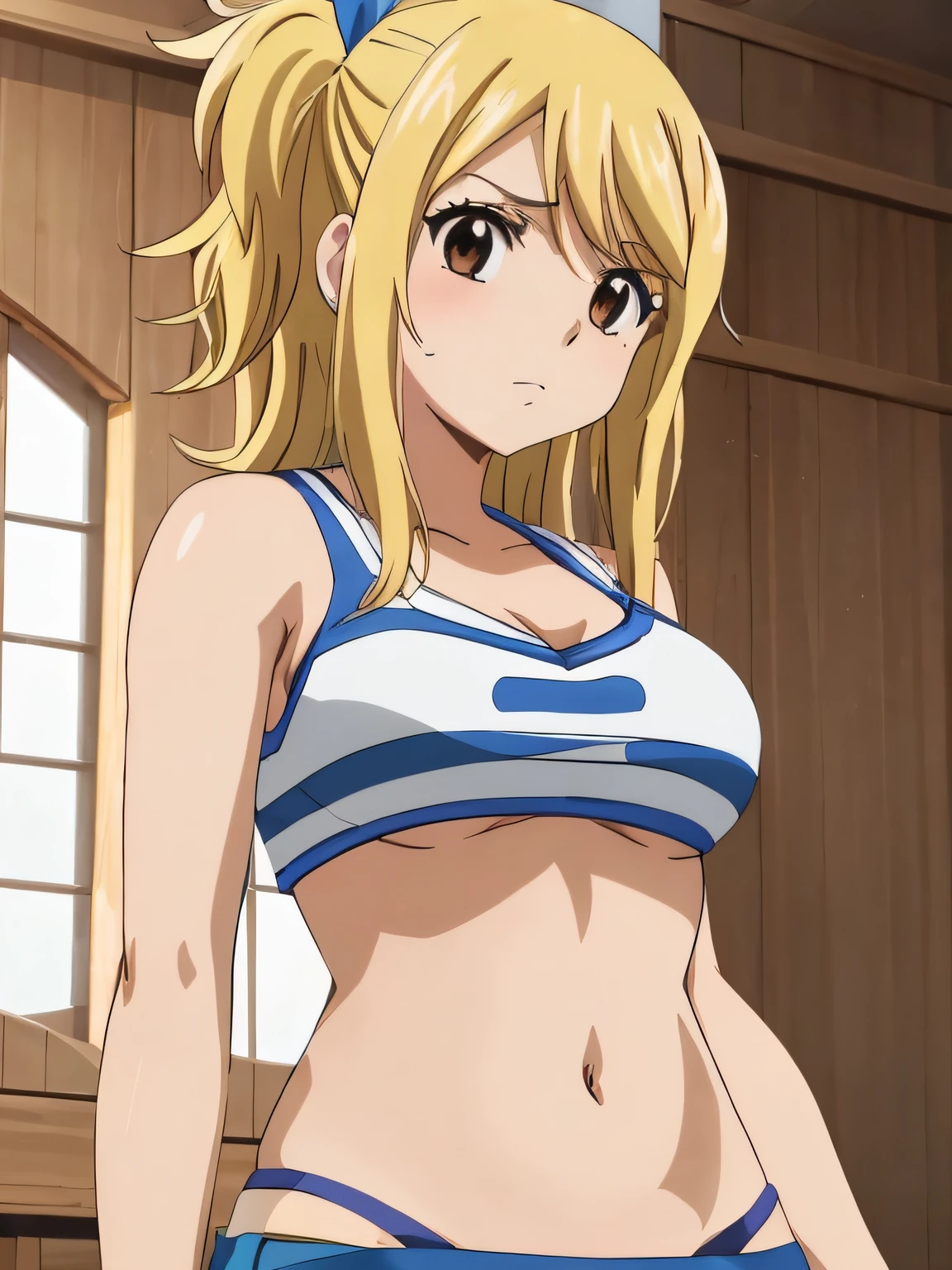 1girl, lucy heartfilia, solo, blonde hair, brown eyes, long hair, indoors, looking at viewer, anime coloring, parody, side ponytail, upper body, hair ribbon, barriga, belly, breasts, armpits