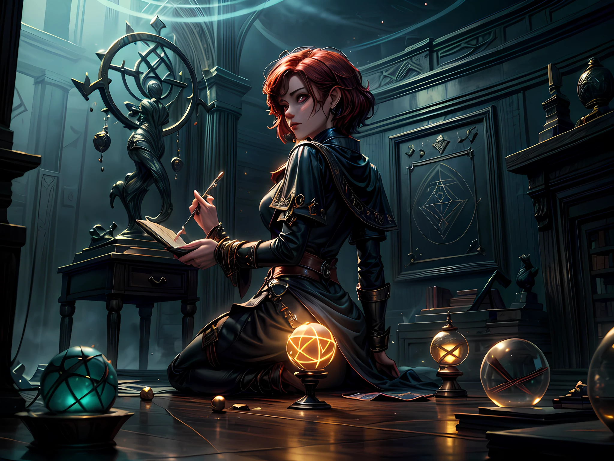 arafed, high details, best quality, 16k, [best detailed], masterpiece, best quality, (extremely detailed), a view from the rear (best details, Masterpiece, best quality), photorealistic, fantasy art, RPG art, a picture of a human sorceress sittings in her magical lab, divining distant places in her crystal ball, epic beautiful human woman (best details, Masterpiece, best quality), ultra detailed face (best details, Masterpiece, best quality), red hair, short hair, red eyes, dynamic dress (best details, Masterpiece, best quality), magical library, with many books, and magical runes and wards, glowing arcane sigils GlowingRunes_paleblue, crystal ball (best details, Masterpiece, best quality) on table, runes on crystal balls GlowingRunes_yellow, fantasy magical library background (best details, Masterpiece, best quality), Ultra-Wide Angle, high detail, award winning, best quality, HD, 16K, 3D rendering, high details, best quality, highres, ultra wide angle, 3D rendering, [[anatomically correct]]