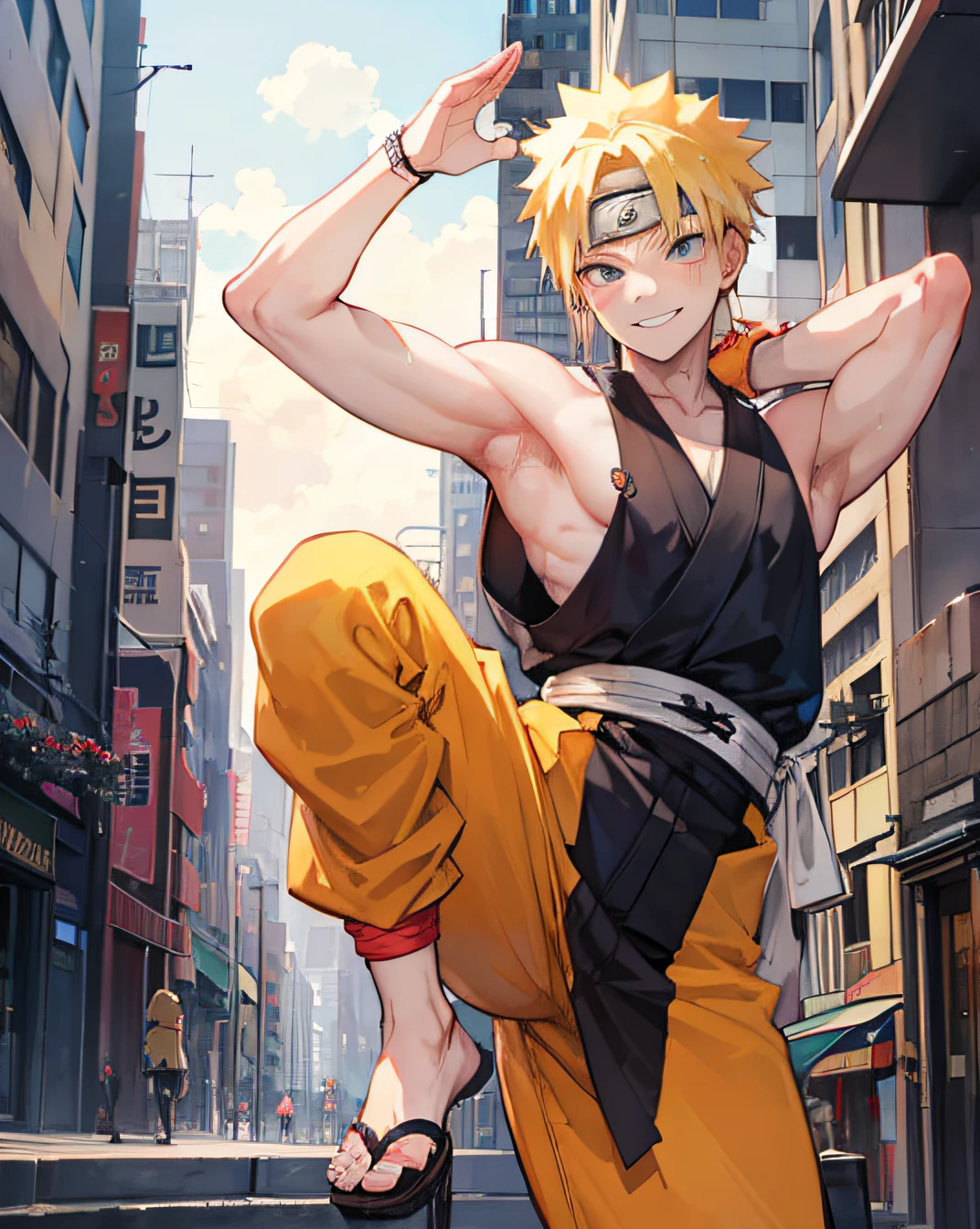 naruto, boy, blond hair, smile, city, HD, high res, looking at viewer, high quality, doing yoga