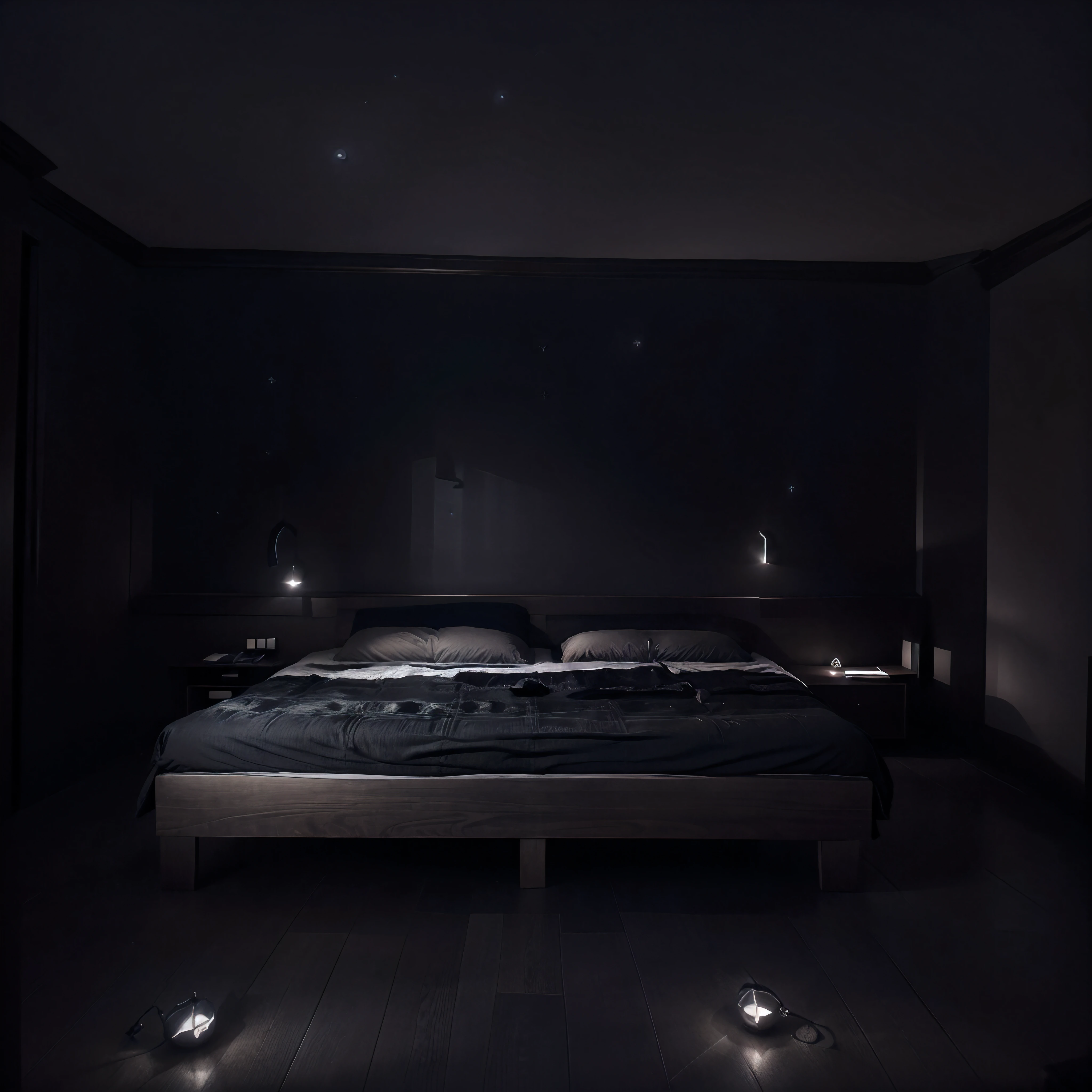 (highres,realistic),(bedroom),(floating bed,peaceful atmosphere,dark night sky,starry)(soft moonlight,calmness),(nighttime view,relaxing),(dreamy,tranquil),(interior design)