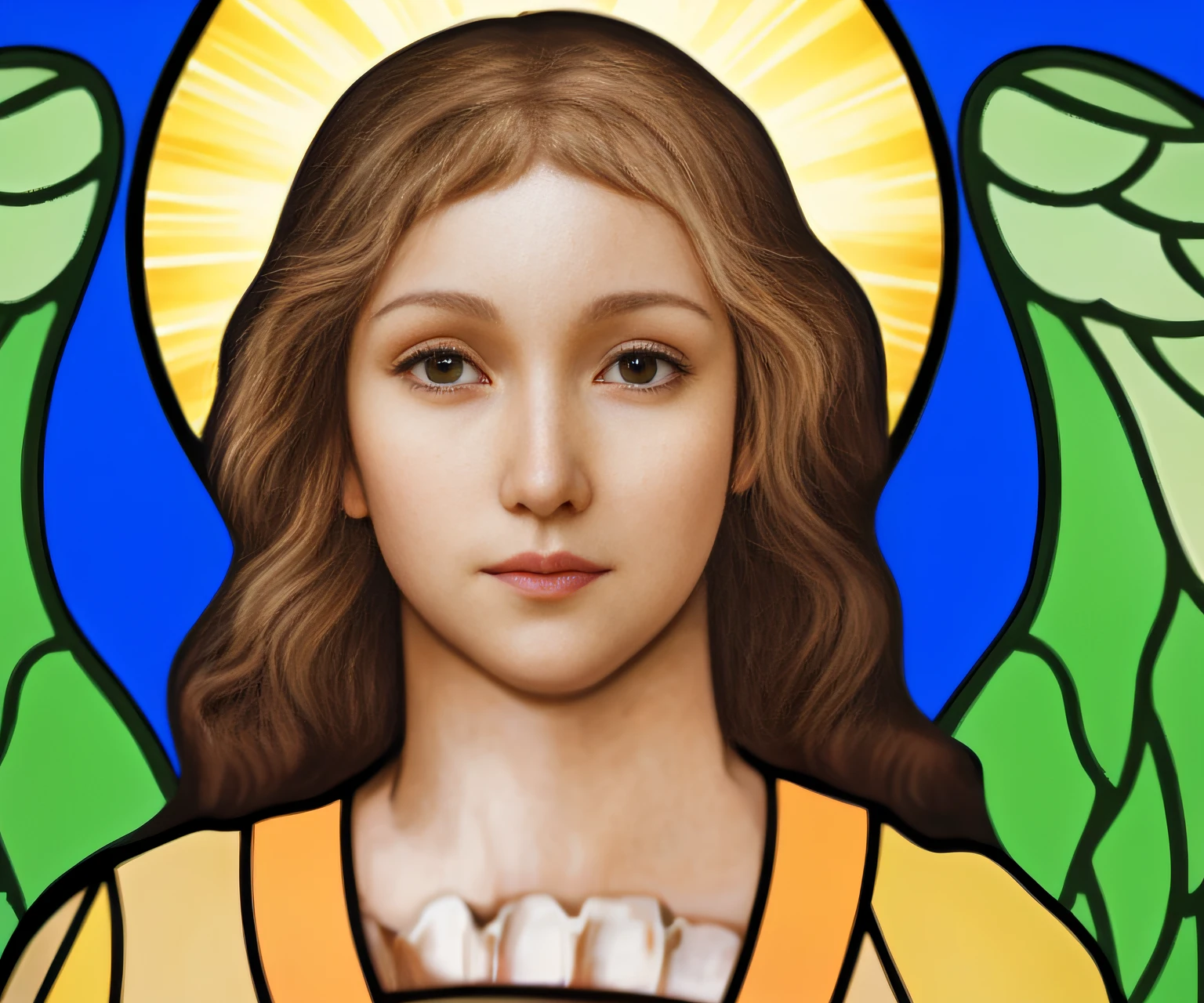 Close-up of stained glass of an angel with a halo, Christian San Rosette, majestic saint woman, patron saint of 🛸🌈👩🏾, Inspired by Philippe Witte, NPCs and saints\Halo, saintess, npc with a saint's halo, inspired by Mariotto Albertinelli, saintess