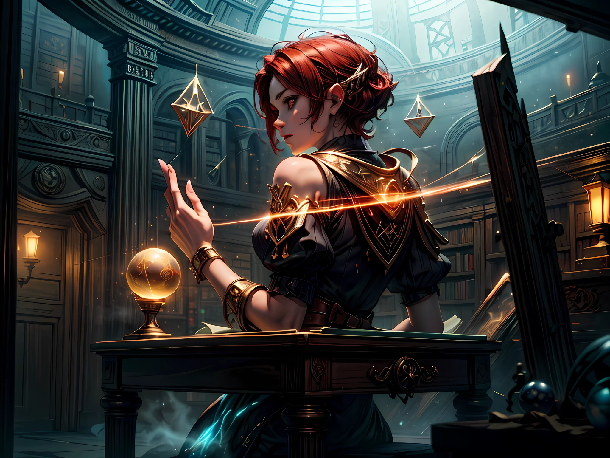 arafed, high details, best quality, 16k, [best detailed], masterpiece, best quality, (extremely detailed), a view from the rear (best details, Masterpiece, best quality), photorealistic, fantasy art, RPG art, a picture of a human sorceress sittings in her magical lab, divining distant places in her crystal ball, epic beautiful human woman (best details, Masterpiece, best quality), ultra detailed face (best details, Masterpiece, best quality), red hair, short hair, red eyes, dynamic dress (best details, Masterpiece, best quality), magical library, with many books, and magical runes and wards, glowing arcane sigils GlowingRunes_paleblue, crystal ball (best details, Masterpiece, best quality) on table, runes on crystal balls GlowingRunes_yellow, fantasy magical library background (best details, Masterpiece, best quality), Ultra-Wide Angle, high detail, award winning, best quality, HD, 16K, 3D rendering, high details, best quality, highres, ultra wide angle, 3D rendering, [[anatomically correct]]