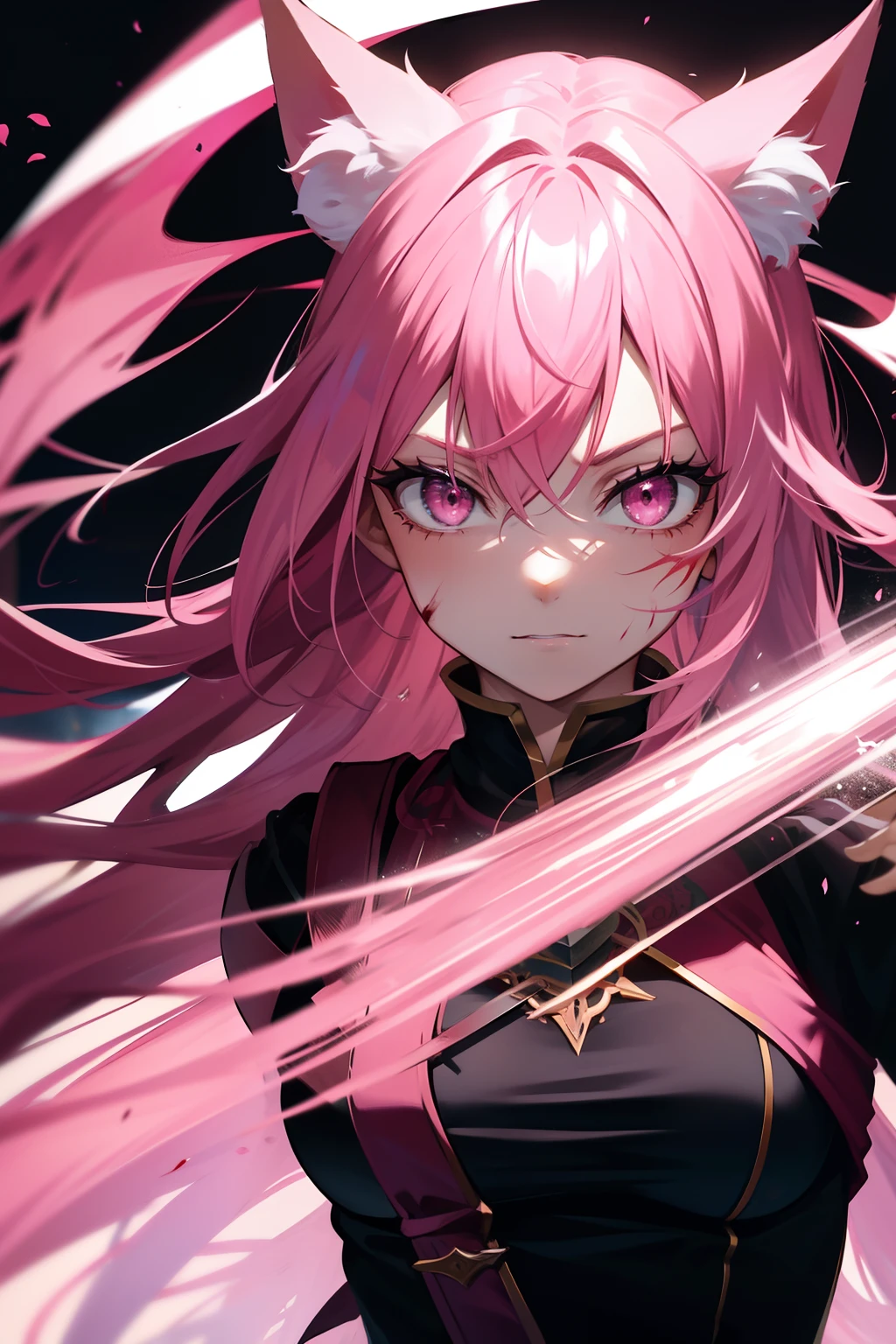 maiden, assassin, bloody, Crazy expression on his face, crazy eyes,long pink hair,pink fox ears,pink eyes