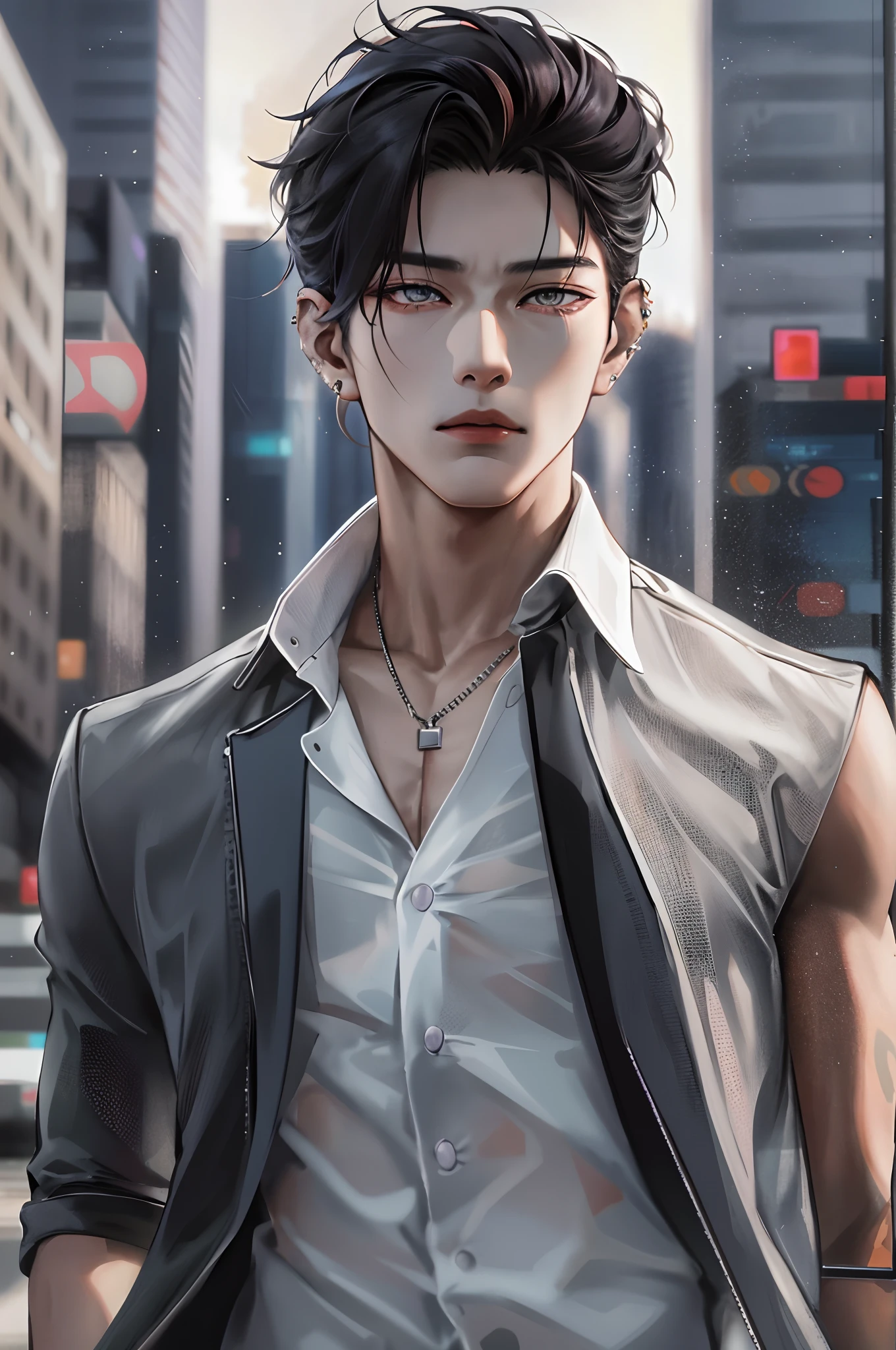 Describe the striking features of the Korean boy in sharp HD graphics, with his piercing amber eyes and chiseled jawline, wearing a stylish, modern outfit that accentuates his lean physique. His short, dark hair is styled in a contemporary way, giving him an air of confidence and charm as he stands against a vibrant cityscape backdrop.