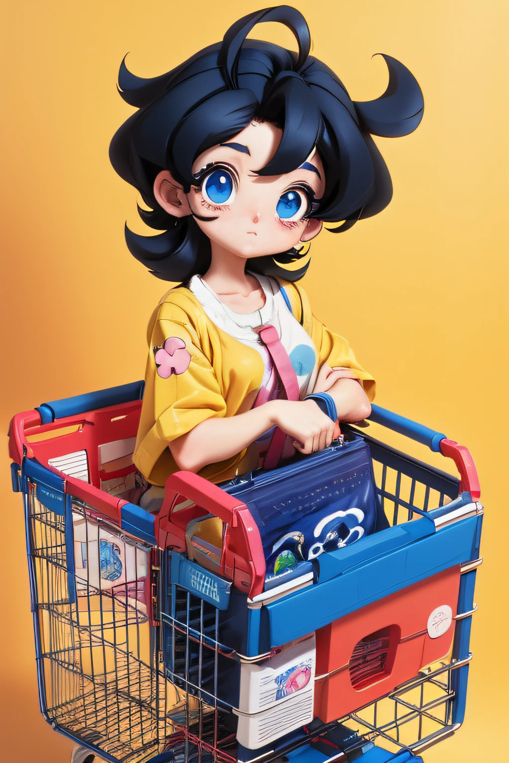Anime girl with black hair and blue eyes holding shopping cart, lofi-girl, in the art style of 8 0 s anime, 90's anime style, 9 0 s anime style, 9 0 s anime art style, lofi girl aesthetic, 9 0 s anime aesthetic, 8 0 s anime art style, Retro anime girl, in an anime style, animeaesthetic