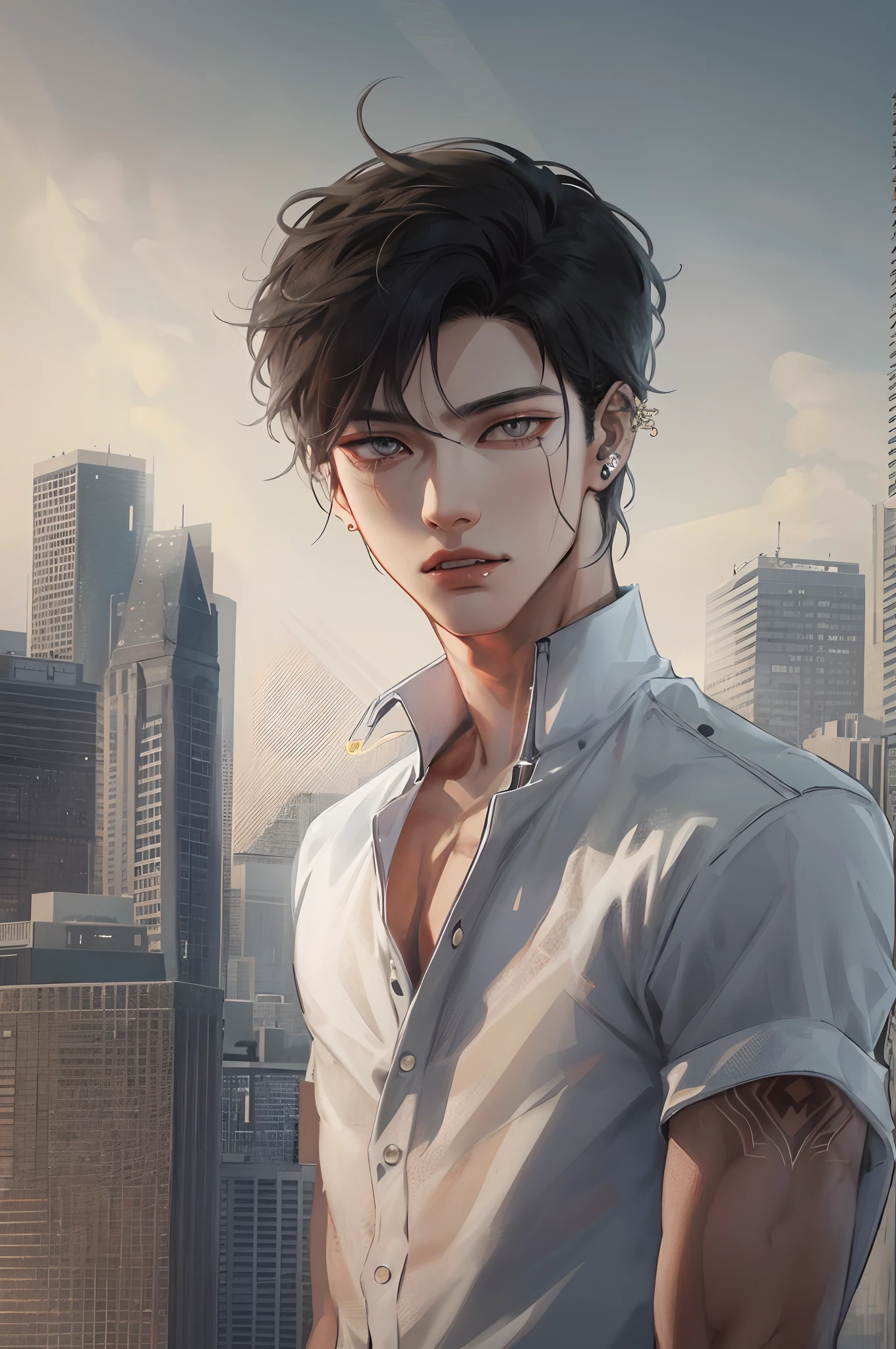 Describe the striking features of the Korean boy in sharp HD graphics, with his piercing amber eyes and chiseled jawline, wearing a stylish, modern outfit that accentuates his lean physique. His short, dark hair is styled in a contemporary way, giving him an air of confidence and charm as he stands against a vibrant cityscape backdrop.