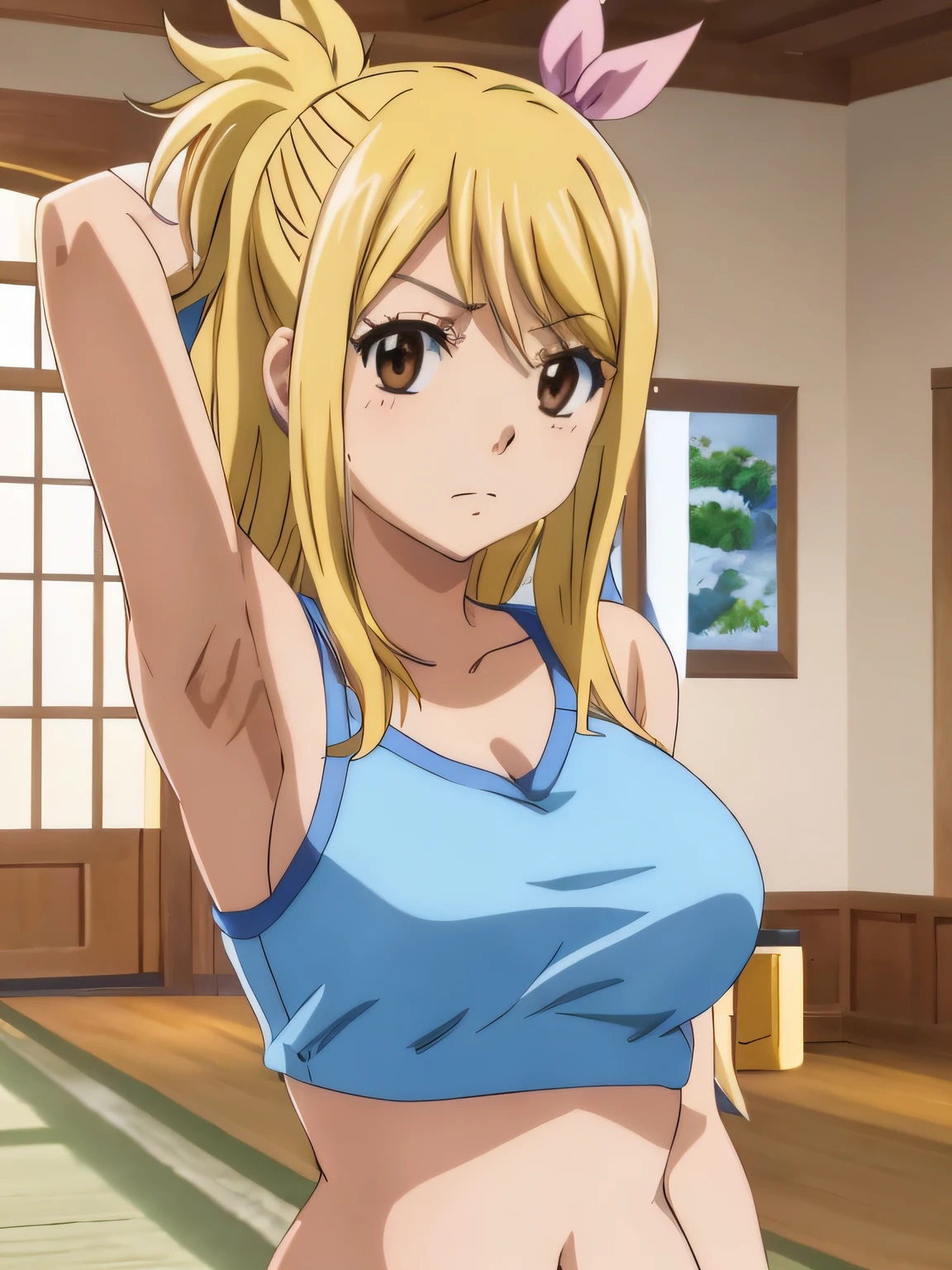 1girl, lucy heartfilia, solo, blonde hair, brown eyes, long hair, indoors, looking at viewer, anime coloring, parody, side ponytail, upper body, hair ribbon, barriga, belly, breasts, armpits