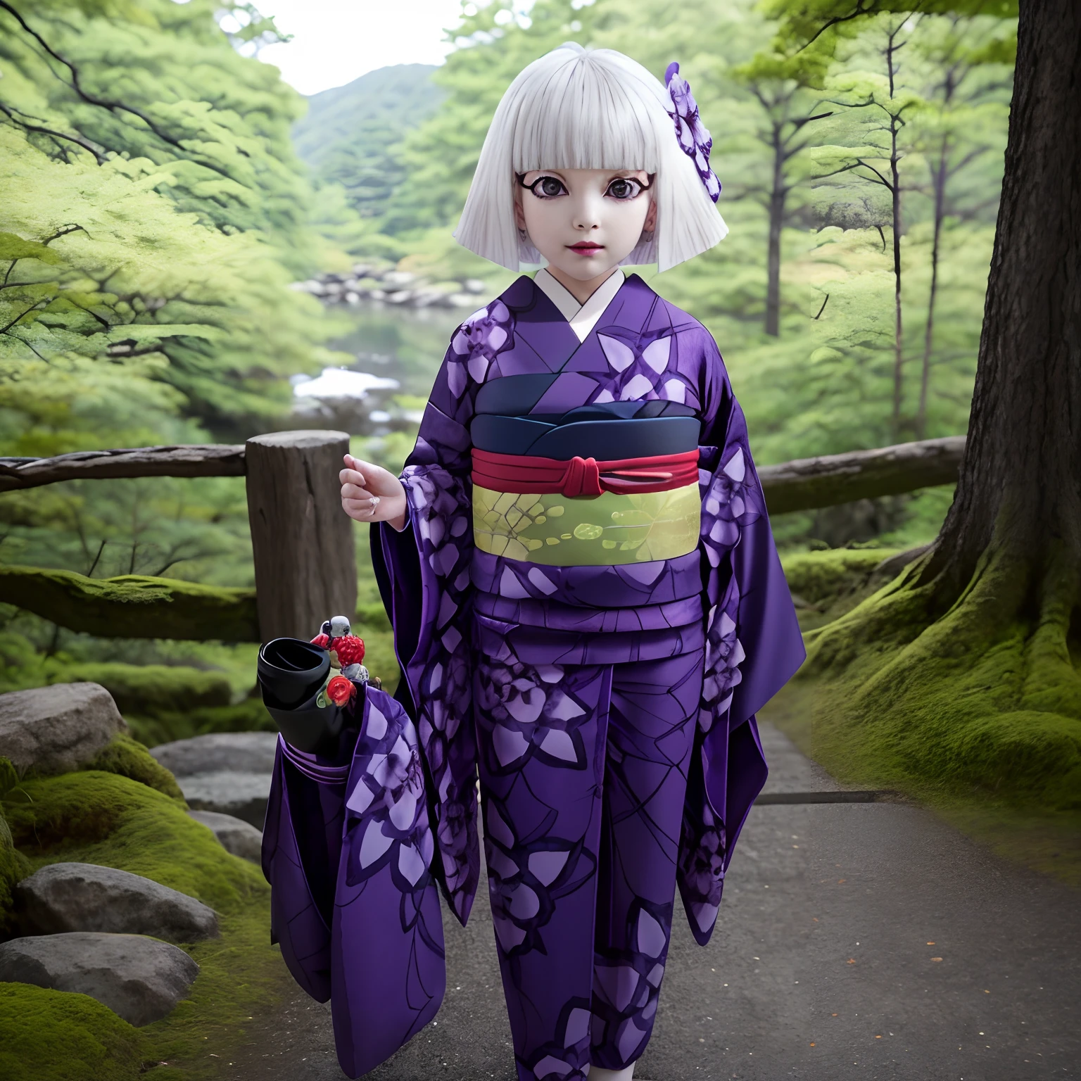 outdoor,forest,high quality,Masterpeace,Ubuyashiki_Family, 1girl, solo, short hair, hair ornament, flower, white hair, japanese clothes, blunt bangs, kimono, sash, makeup, obi, floral print, bob cut, lipstick, red lips, print kimono, ringed eyes, purple kimono, purple eyes, sandals