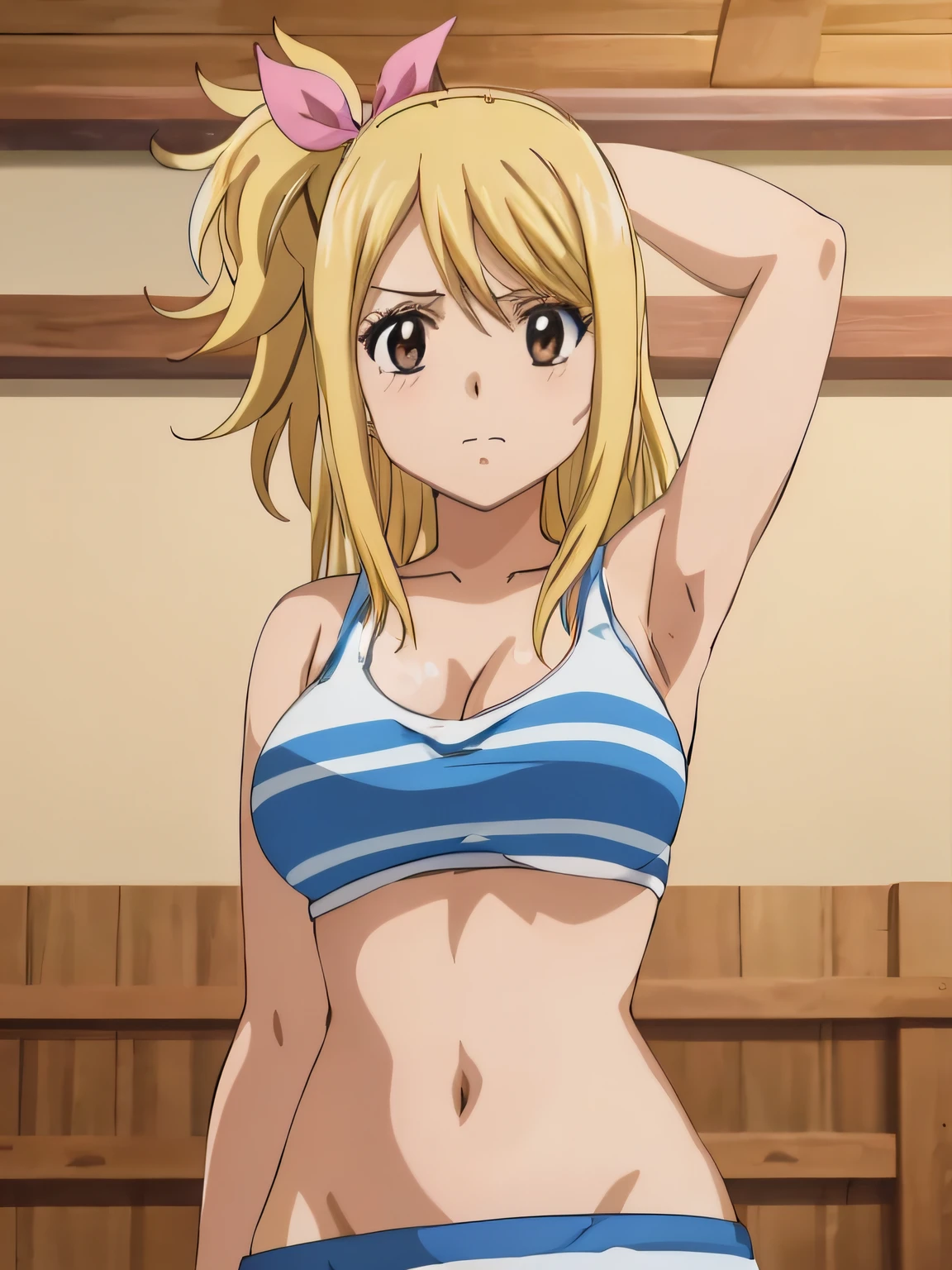 1girl, lucy heartfilia, solo, blonde hair, brown eyes, long hair, indoors, looking at viewer, anime coloring, parody, side ponytail, upper body, hair ribbon, barriga, belly, breasts, armpits