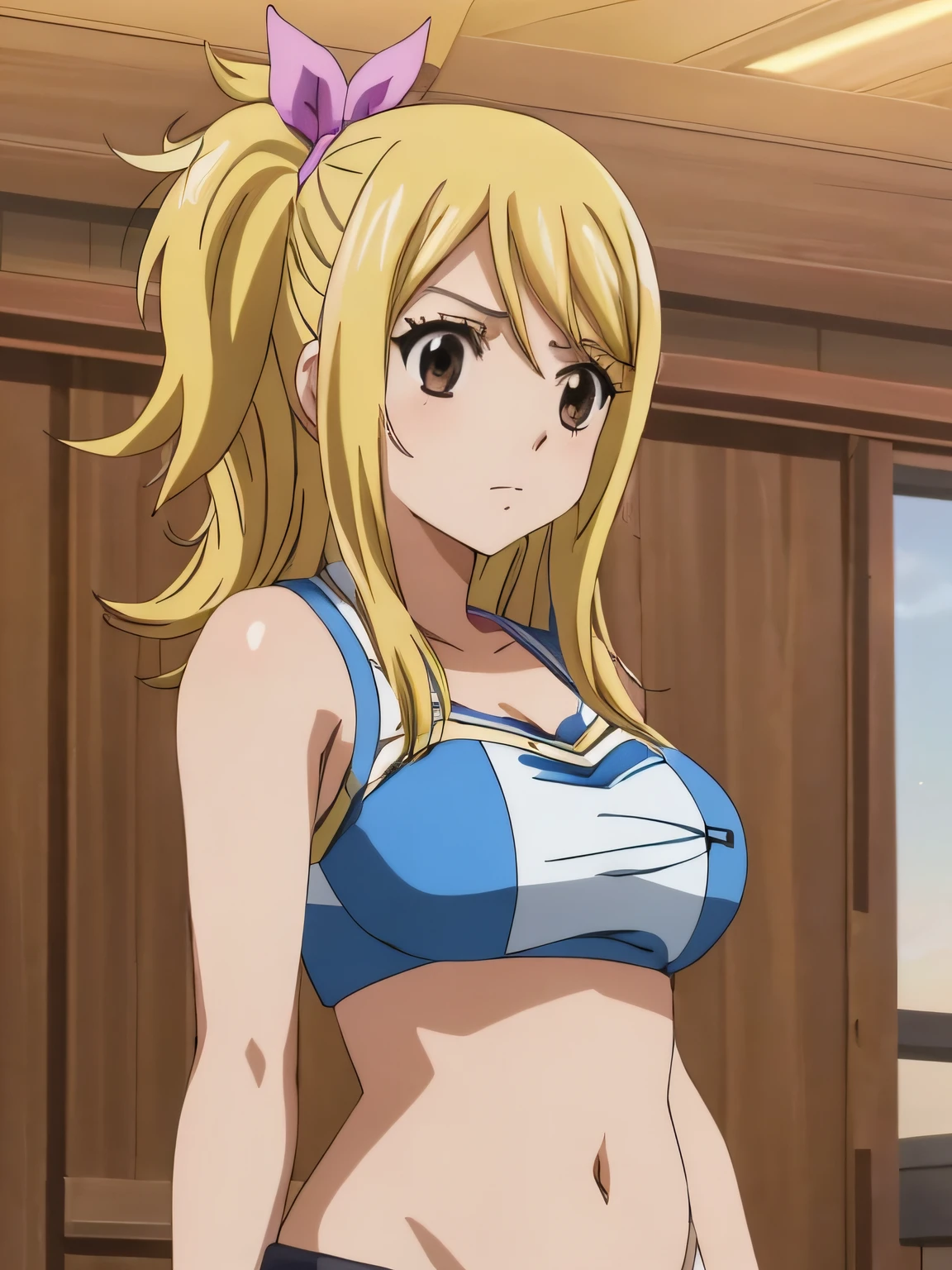 1girl, lucy heartfilia, solo, blonde hair, brown eyes, long hair, indoors, looking at viewer, anime coloring, parody, side ponytail, upper body, hair ribbon, barriga, belly, breasts,