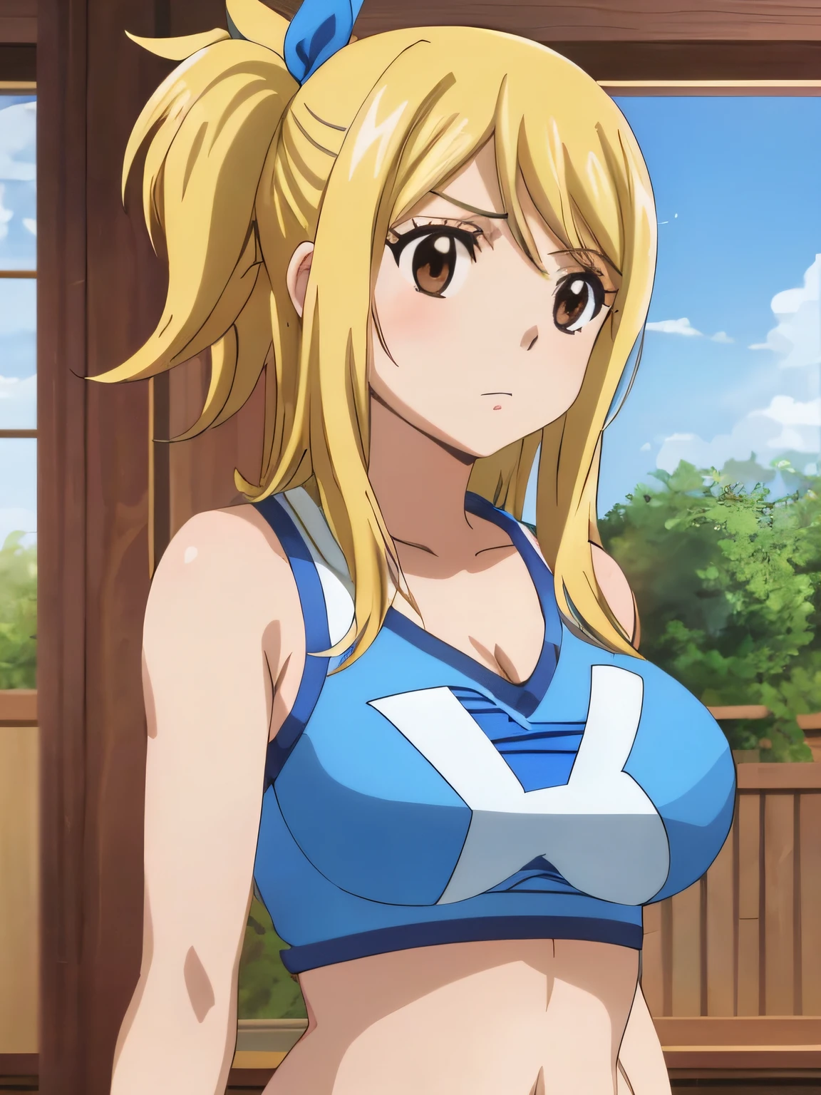 1girl, lucy heartfilia, solo, blonde hair, brown eyes, long hair, indoors, looking at viewer, anime coloring, parody, side ponytail, upper body, hair ribbon, barriga, belly, breasts,