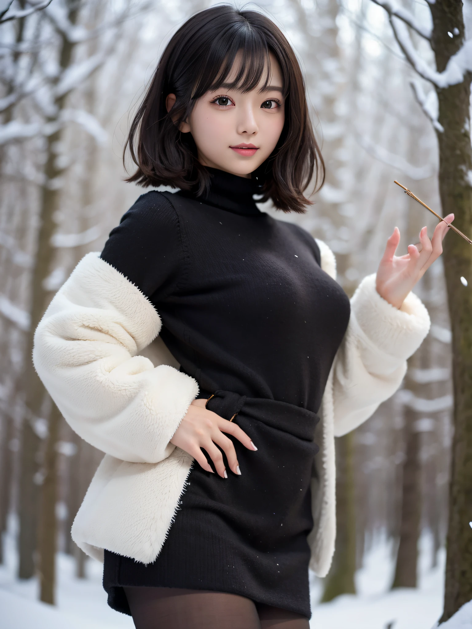 masutepiece、top-quality、20 years girl、独奏、Beautiful detailed girl、Smile、Black shorthair、Highly detailed eyes and face、Beautiful detailed eyes、radiant eyes、with round face、Well-formed and cute face:1.1、small head、hight resolution、A highly detailed、sexy  pose、Illustration、super detailing、masutepiece、fur-coat、Wearing a sweater、Black miniskirt、Light Black Tights、large full breasts:1.2、Photograph the whole body、snowscape、in woods、Blur the background、tre anatomically correct