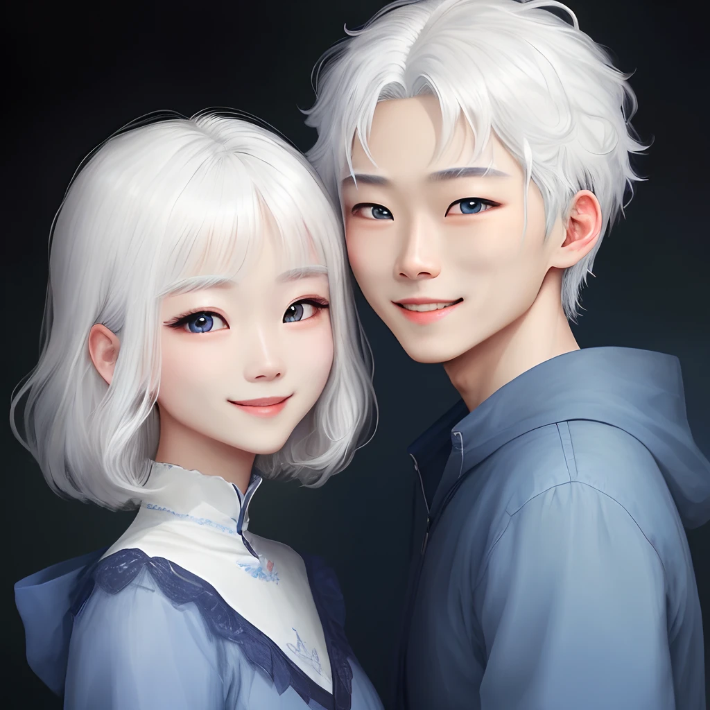 A slight smil、white  hair、Long、blue clothing、light blue  eyes