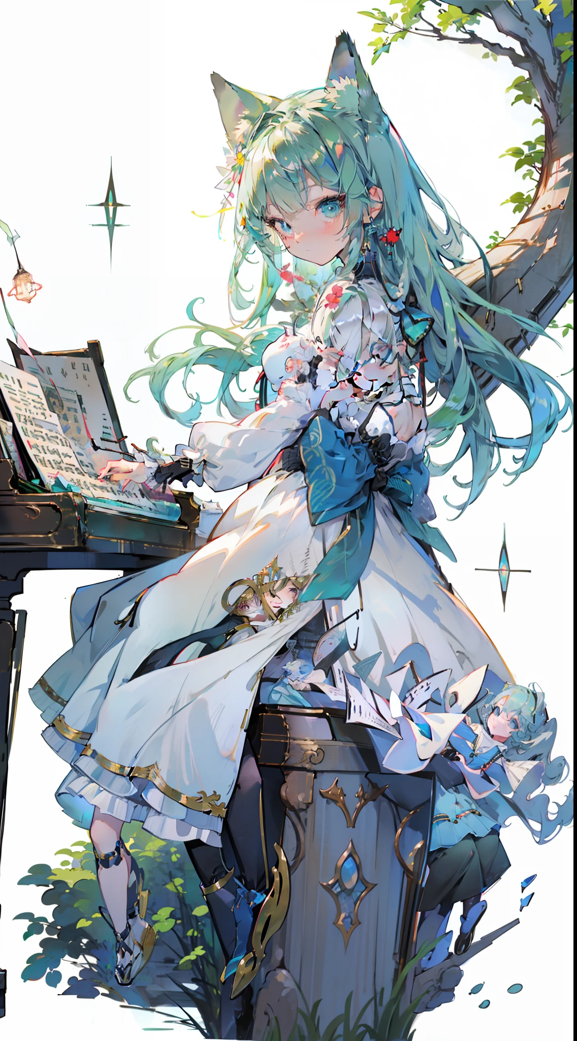 (masutepiece, Highest Quality: 1.1), Ghibli style, Solo, , Weibo ZH, Tinker Wife (masutepiece), of the highest quality, Expressive eyes, Perfect face, Small breasts, slender, ((Wearing a dress and playing the piano)),Clear glass bottle body, Glass Girl, Transparent, Wavy green hair, Pink and blue eyes, Green leaves of hair, Sparkling jewel-like eyes, long eyelashes, Transparency, ((Wearing a dress and playing the piano)), (Red Jewel Autumn Costume)), Full body, Standing Pose Reaching Hands, Slender legs, Perfect hands, Five Fingers, Tin Yun (nffsw), No_The human, Cat ears, Forest land