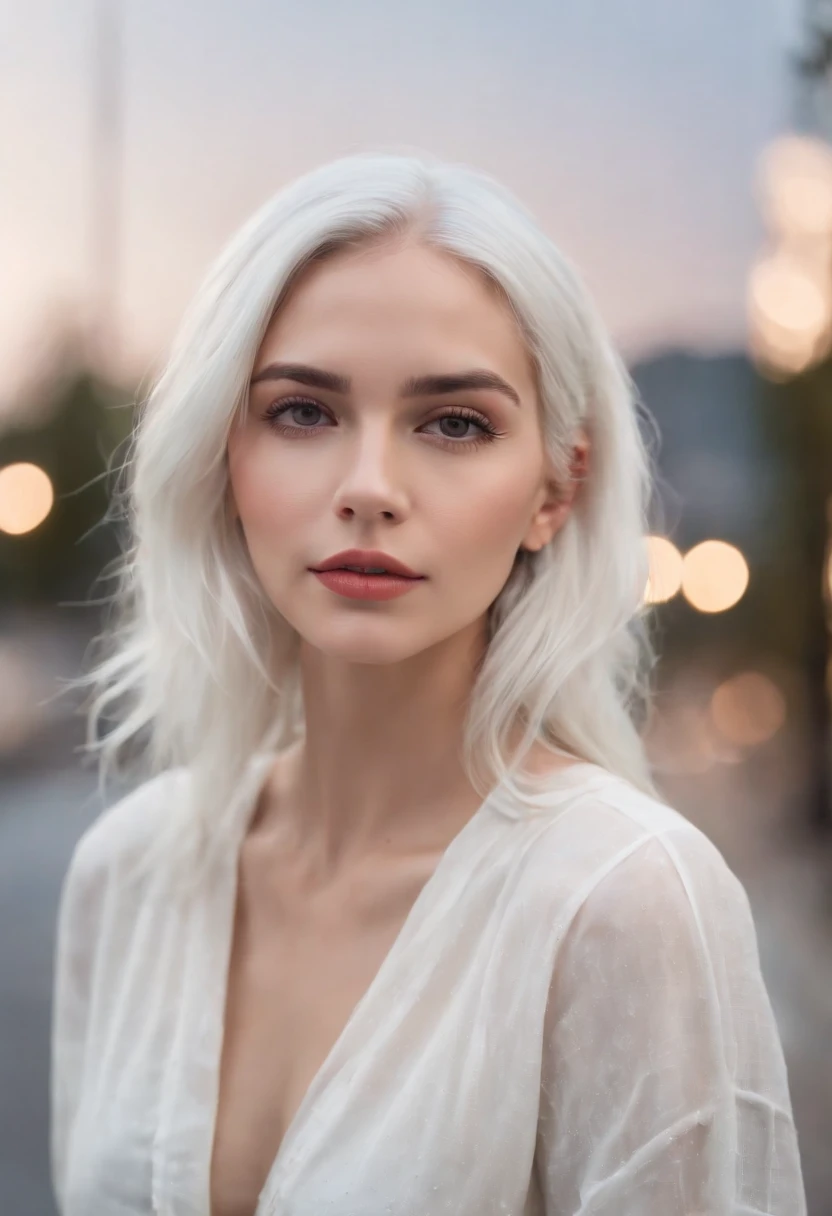 There's a Woman With White Hair And Street Clothes Posing, Modelo feminina de 24 anos, Menina do cabelo prateado, Menina com cabelo branco, Posando, Menina com cabelo branco curto, In the light of a building, it is night time, Ultra sharp focus, Tiro realista, Women's clothing