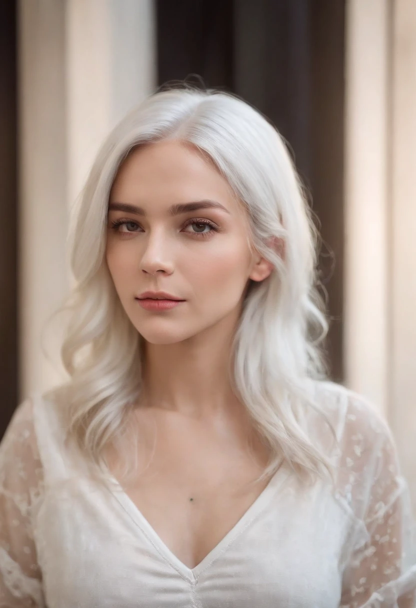 There's a Woman With White Hair And Street Clothes Posing, Modelo feminina de 24 anos, do cabelo prateado, Meninaabelo branco, Posando, Menina com cbranco curto, In the light of a building, it is night time, Ultra sharp focus, Tiro realista, Women's clothing