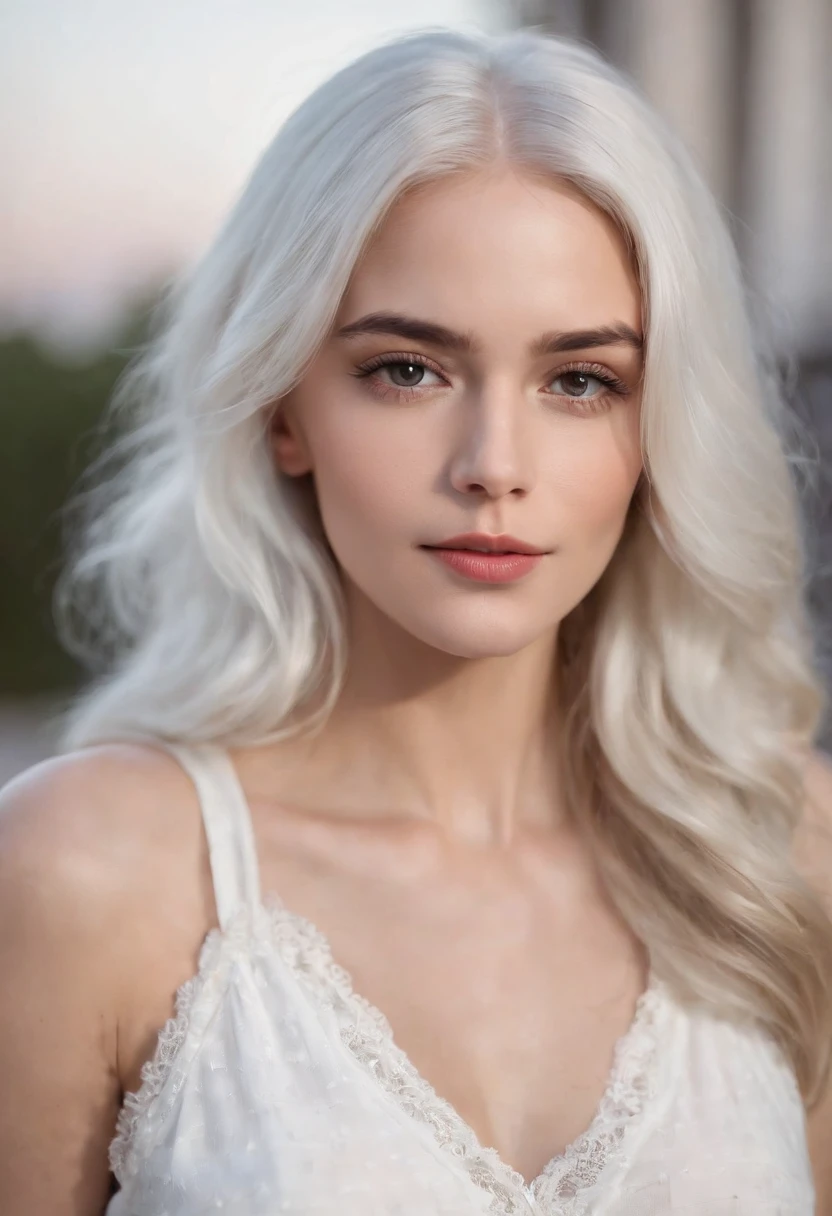 There's a Woman With White Hair And Street Clothes Posing, Modelo feminina de 24 anos, Menina do cabelo prateado, Menina com cabelo branco, Posando, Menina com cabelo branco curto, In the light of a building, it is night time, Ultra sharp focus, Tiro realista, Women's clothing
