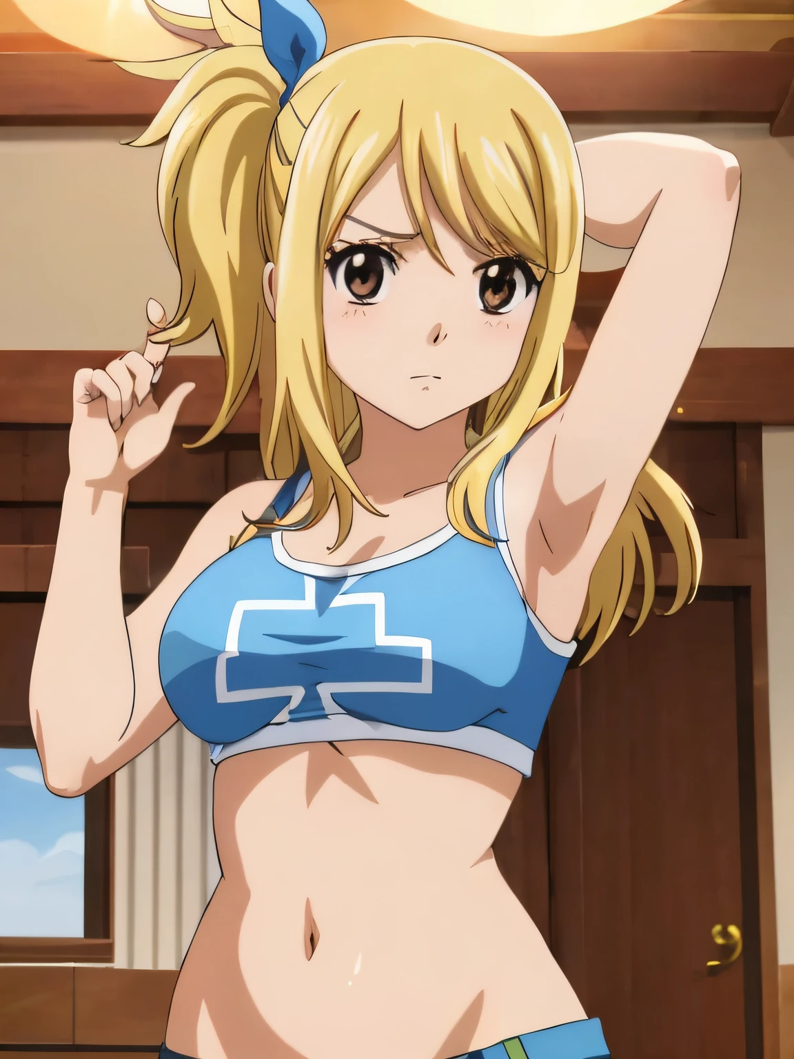 1girl, lucy heartfilia, solo, blonde hair, brown eyes, long hair, indoors, looking at viewer, anime coloring, parody, side ponytail, upper body, hair ribbon, barriga, belly, breasts, armpits